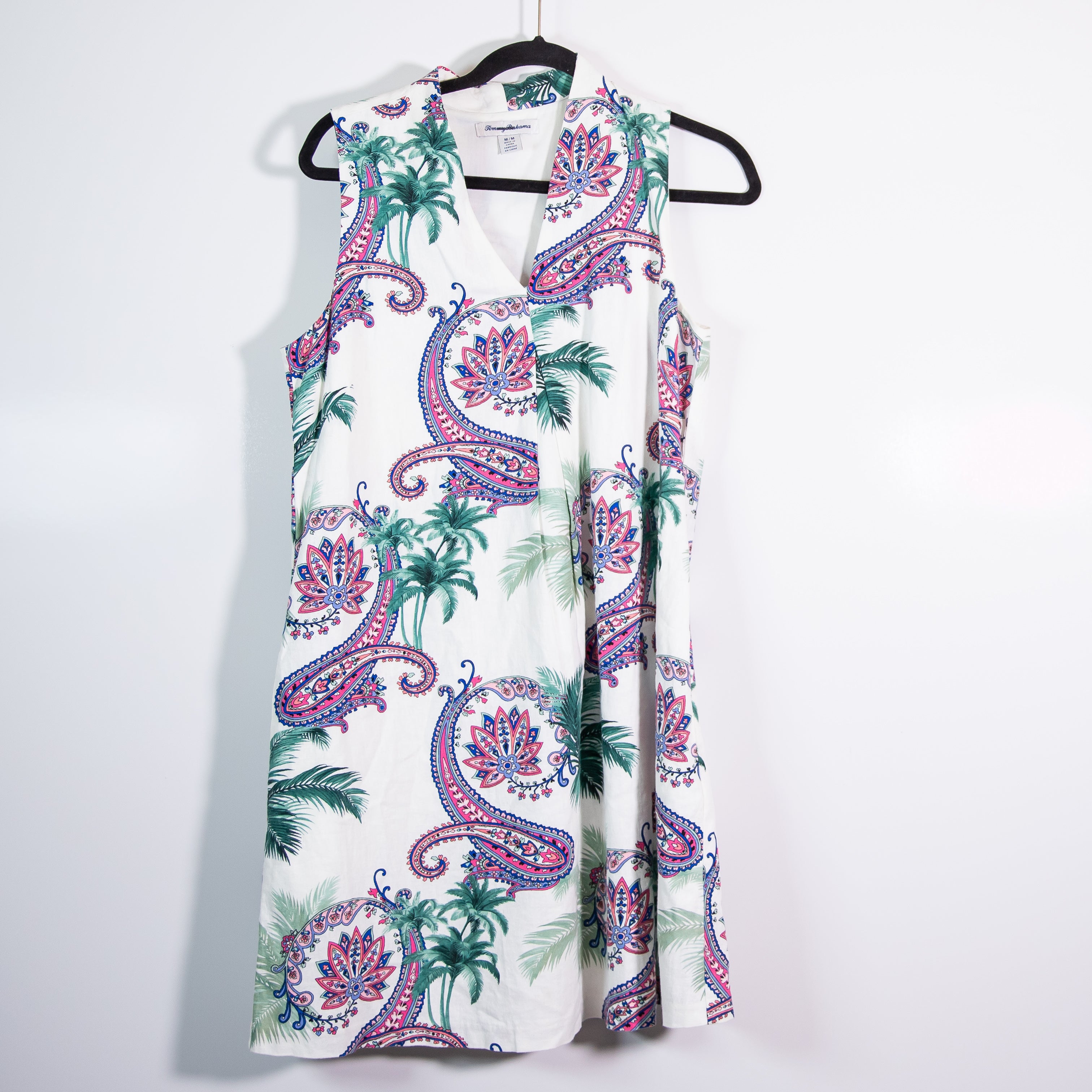 Tommy Bahama Linen Blend Cotton Lined Sleeveless V Neck Pullover Mini Dress M