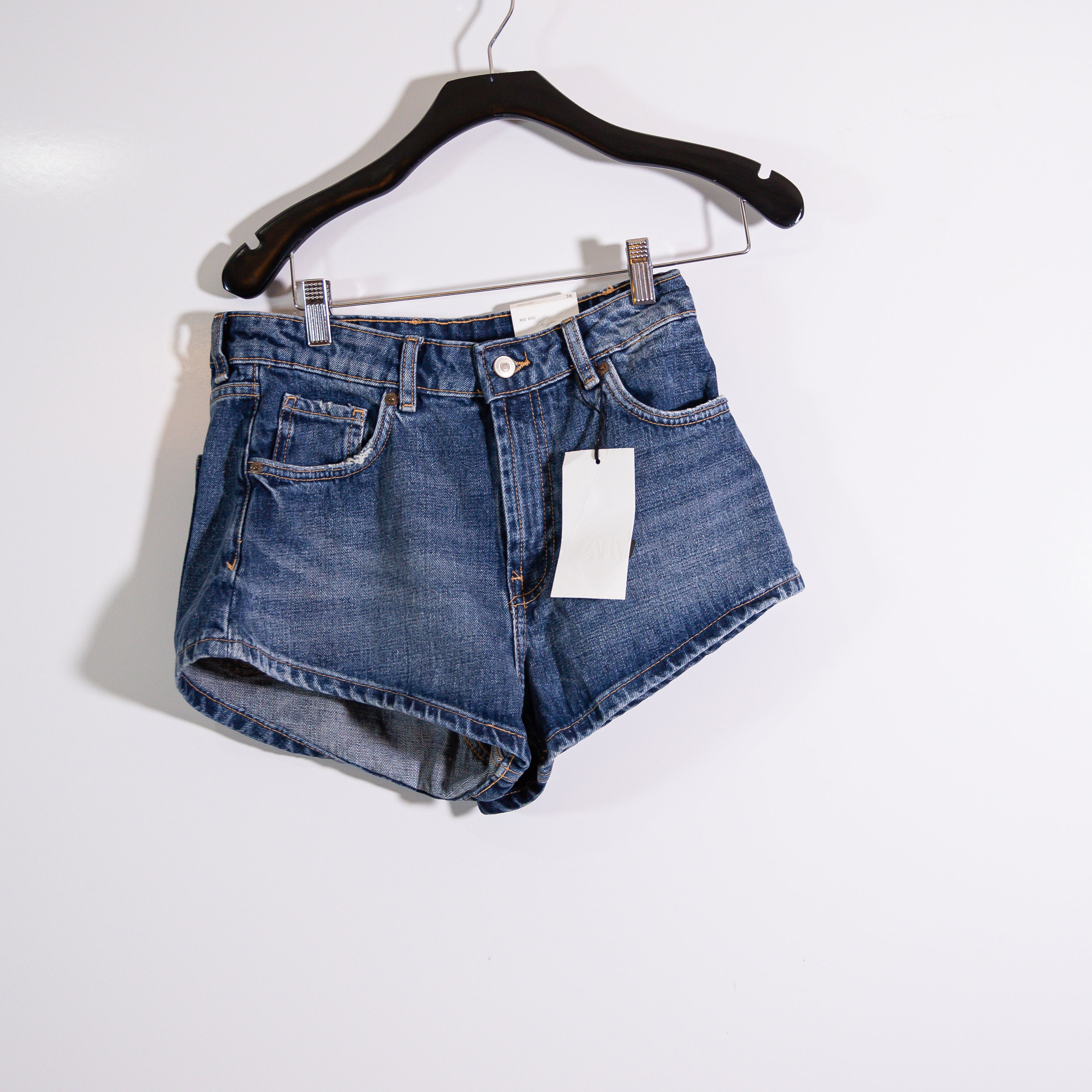 NEW Zara Cotton Mid Rise Mini A Line Denim Jean Shorts Blue 4