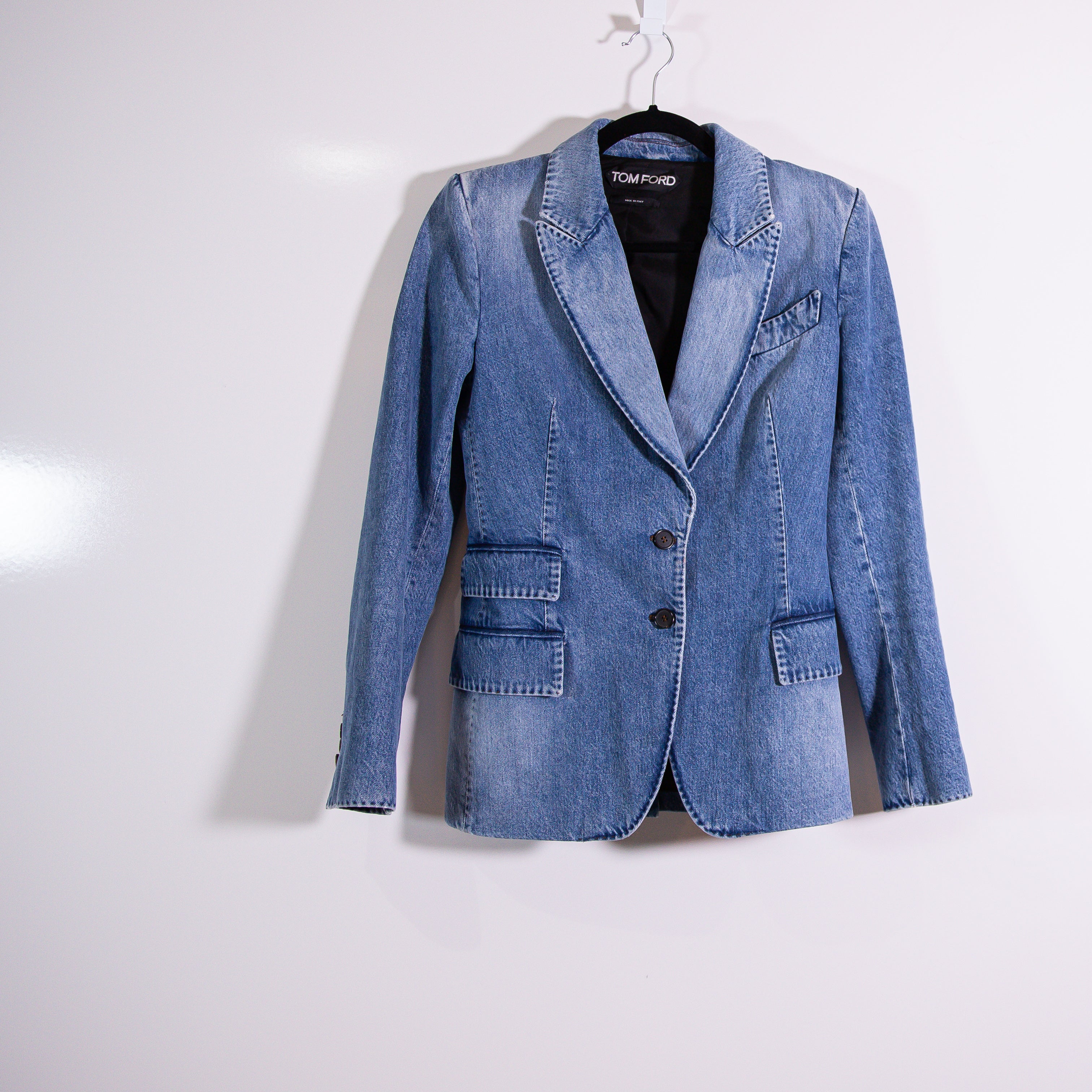 Tom Ford Women's Cotton Two Button Multi Pocket Denim Jean Blazer Jacket Blue 36