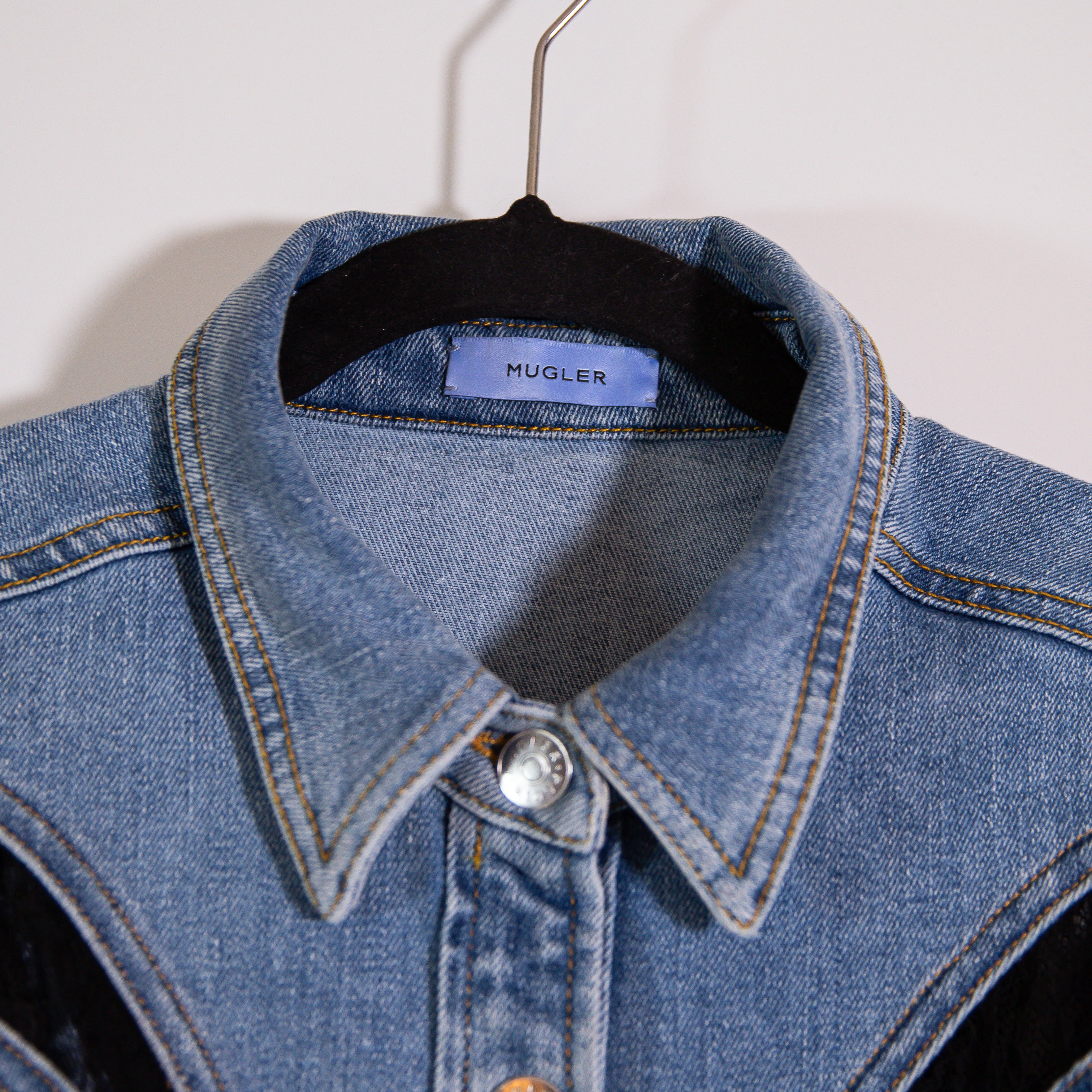 Mugler Oversize Cotton Denim Jean Lace Panel Collared Button Front Shirt Dress S