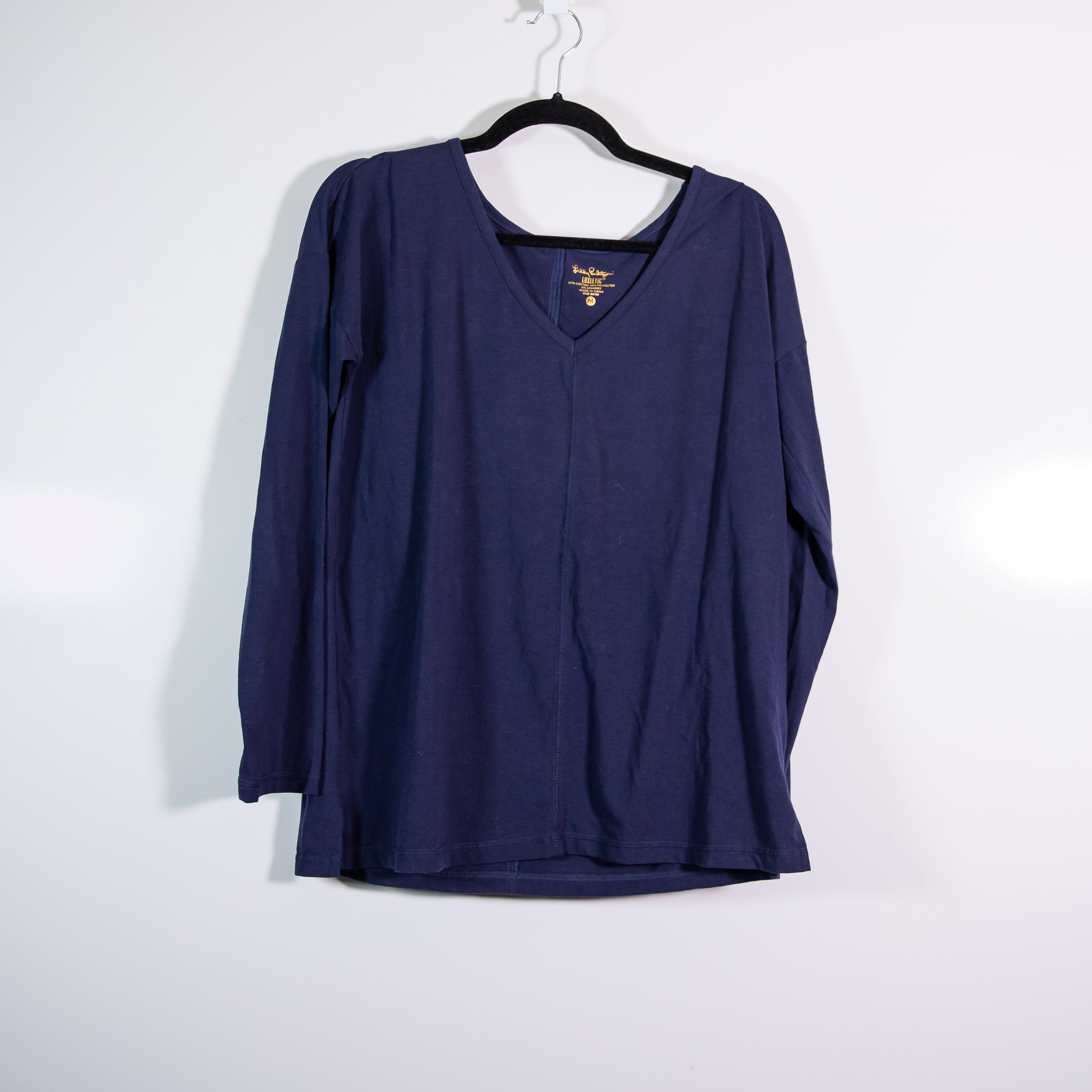 Lilly Pulitzer Luxletic Cotton Stretch V Neck Long Sleeve Tee Shirt Navy Blue M