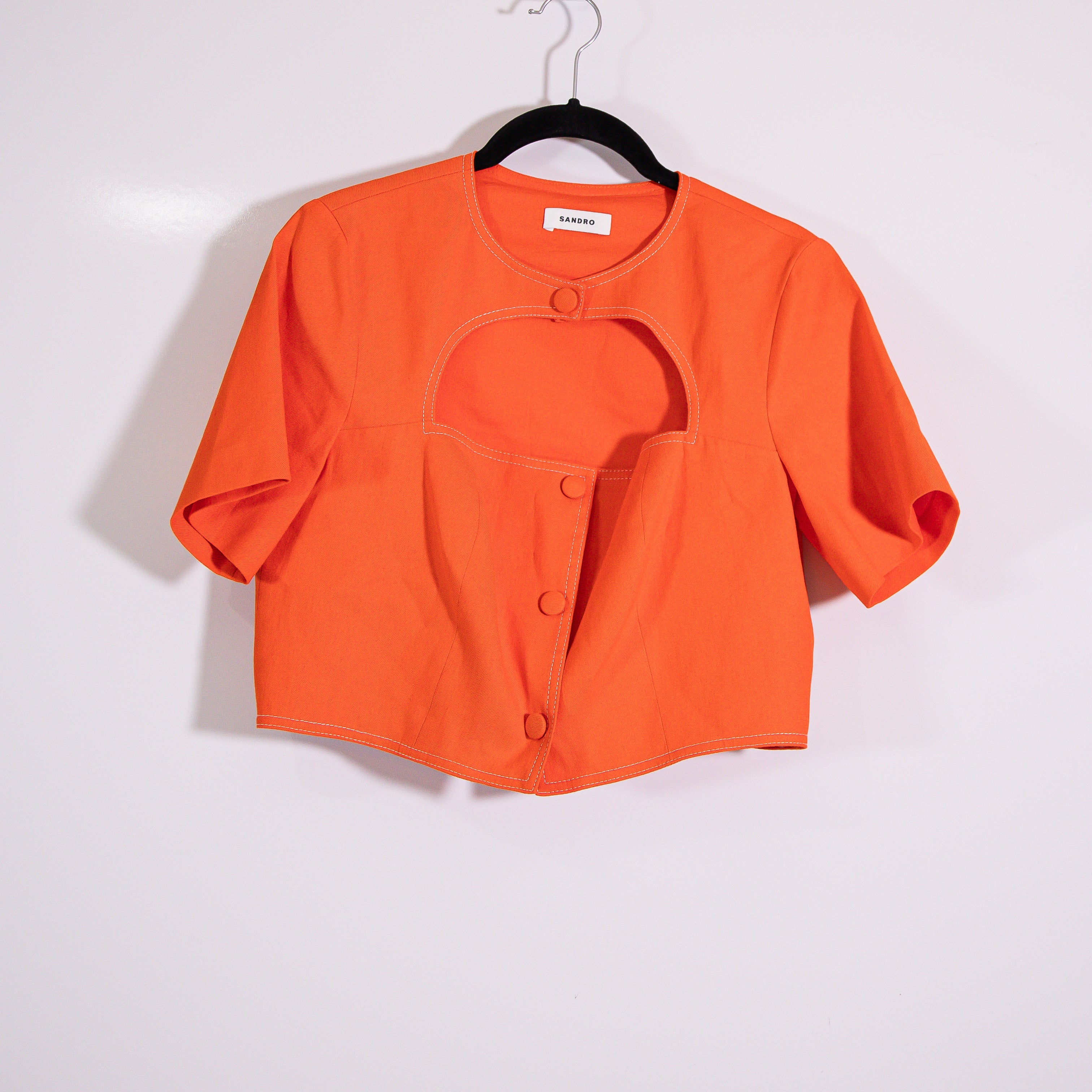 Sandro Crop Top With Cutaway Design Crew Neck Short Sleeve Structured Orange S