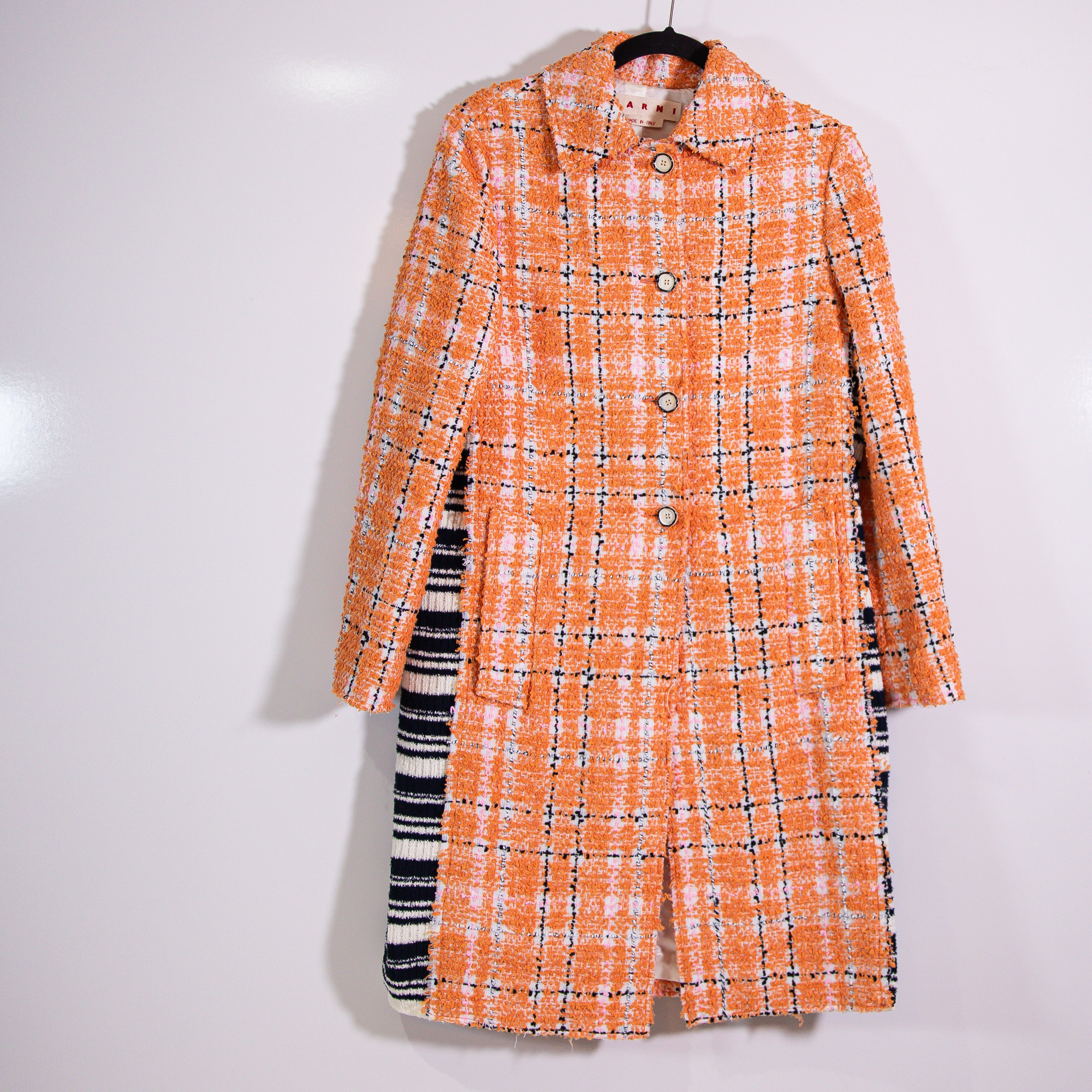 NEW Marni Made In Italy Checked Cotton Blend Tweed And Ribbed Knit Coat Orange 2
