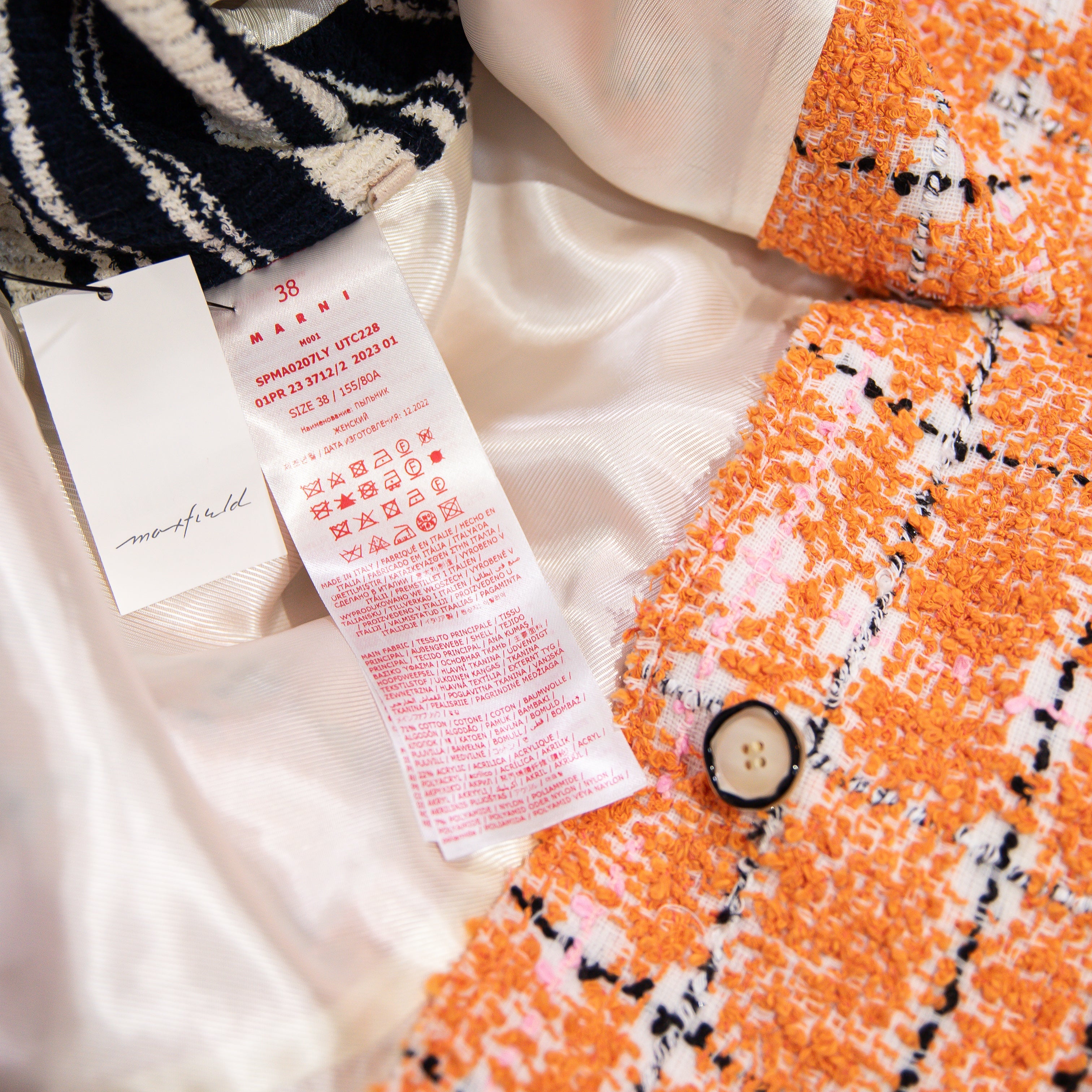 NEW Marni Made In Italy Checked Cotton Blend Tweed And Ribbed Knit Coat Orange 2