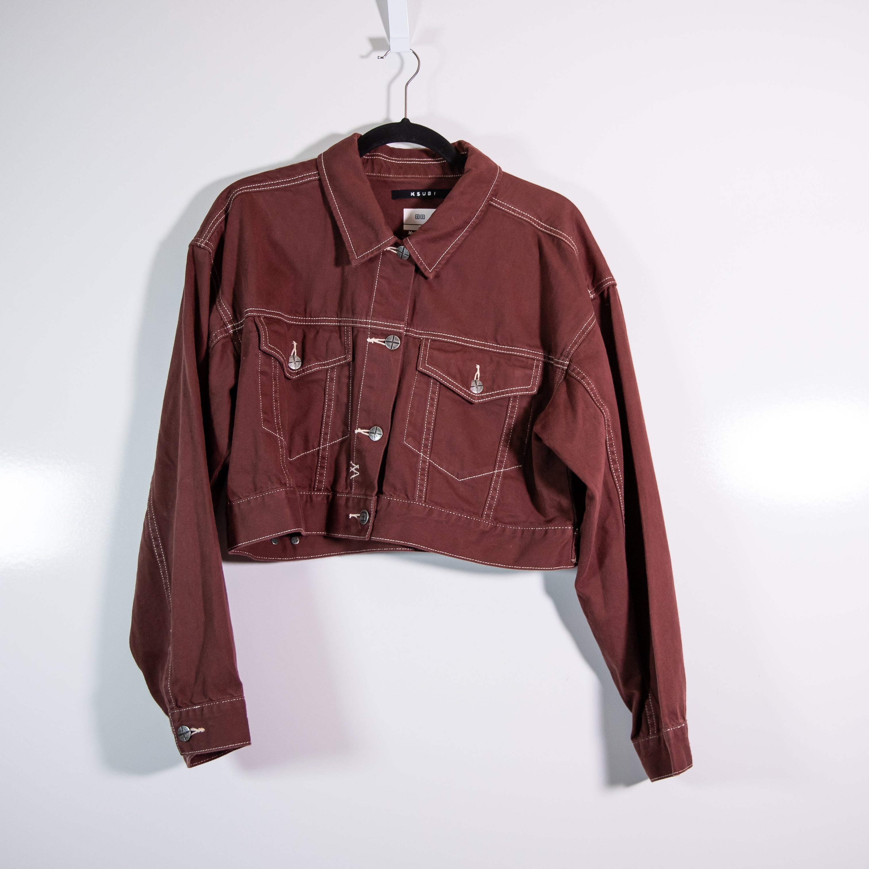 Ksubi Kommand Cotton Cropped Button Front Collared Jacket Andorra Burgandy Large