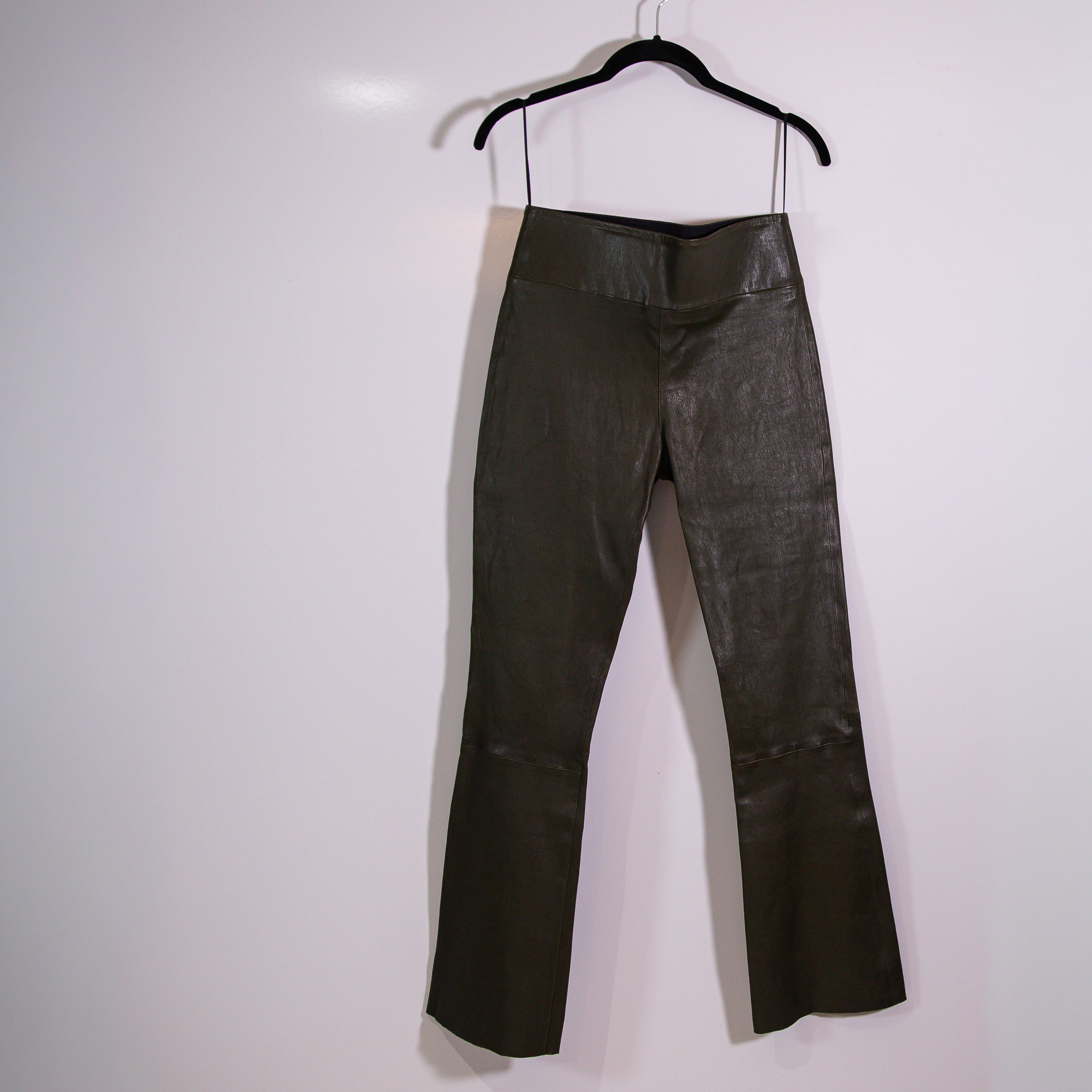 NEW SPRWMN Genuine Leather Ankle Flare Crop Pull On Mid Rise Pants Cactus Medium