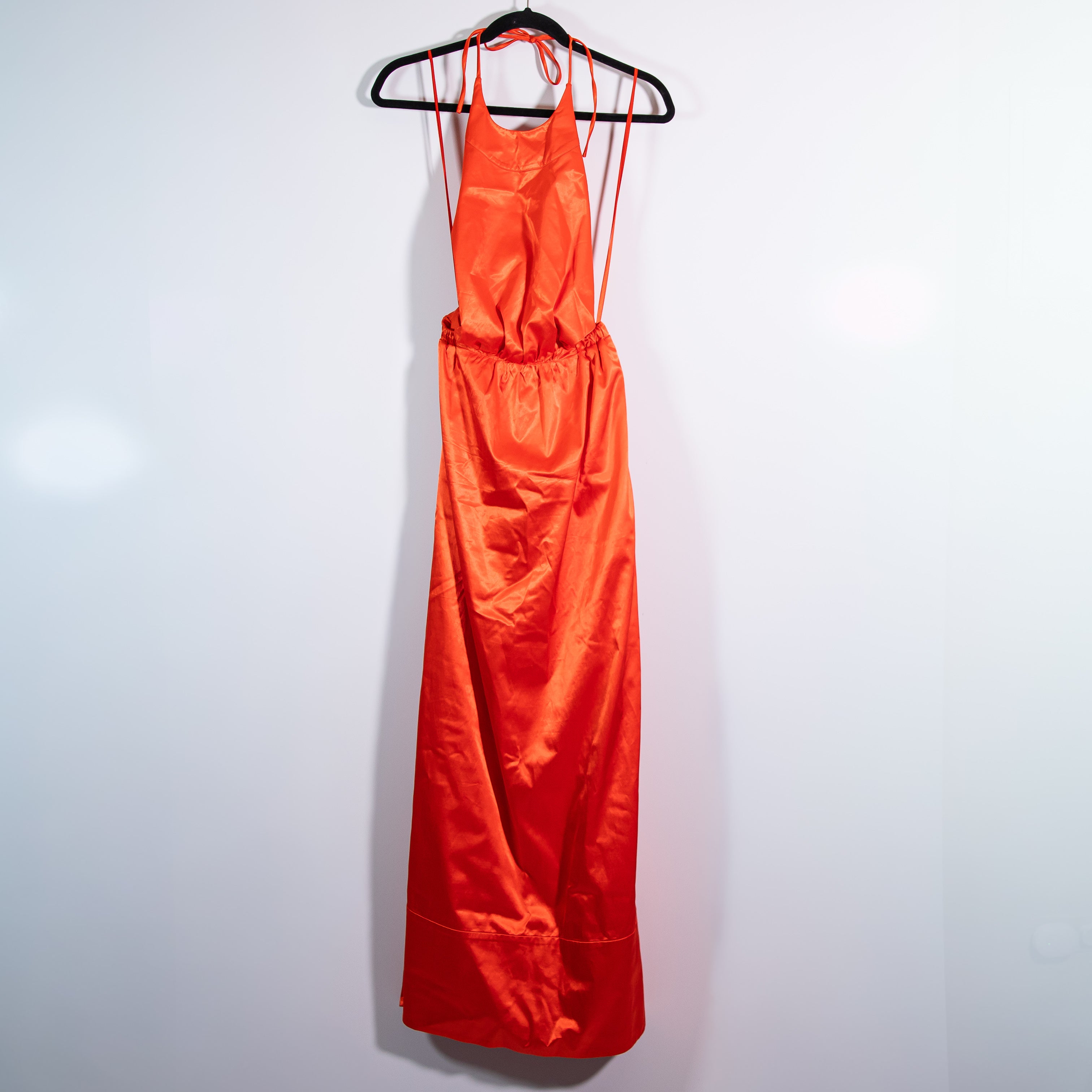 Staud Sidney Satin Halter Neck Strappy Back Straight Line Midi Dress Orange M