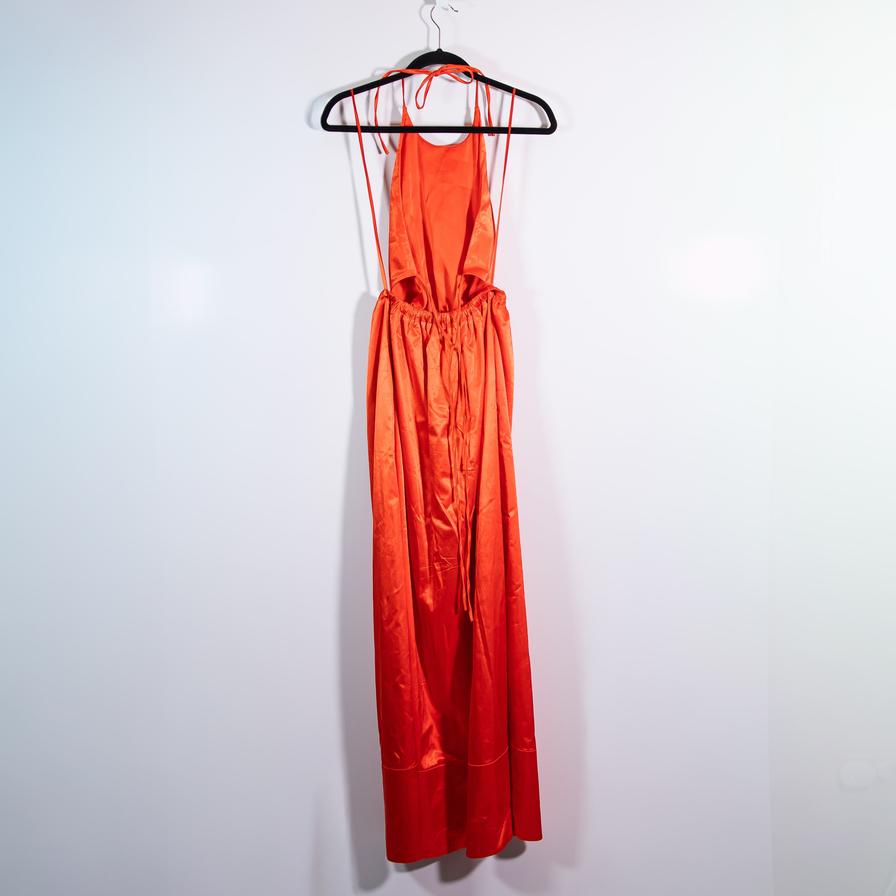 Staud Sidney Satin Halter Neck Strappy Back Straight Line Midi Dress Orange M
