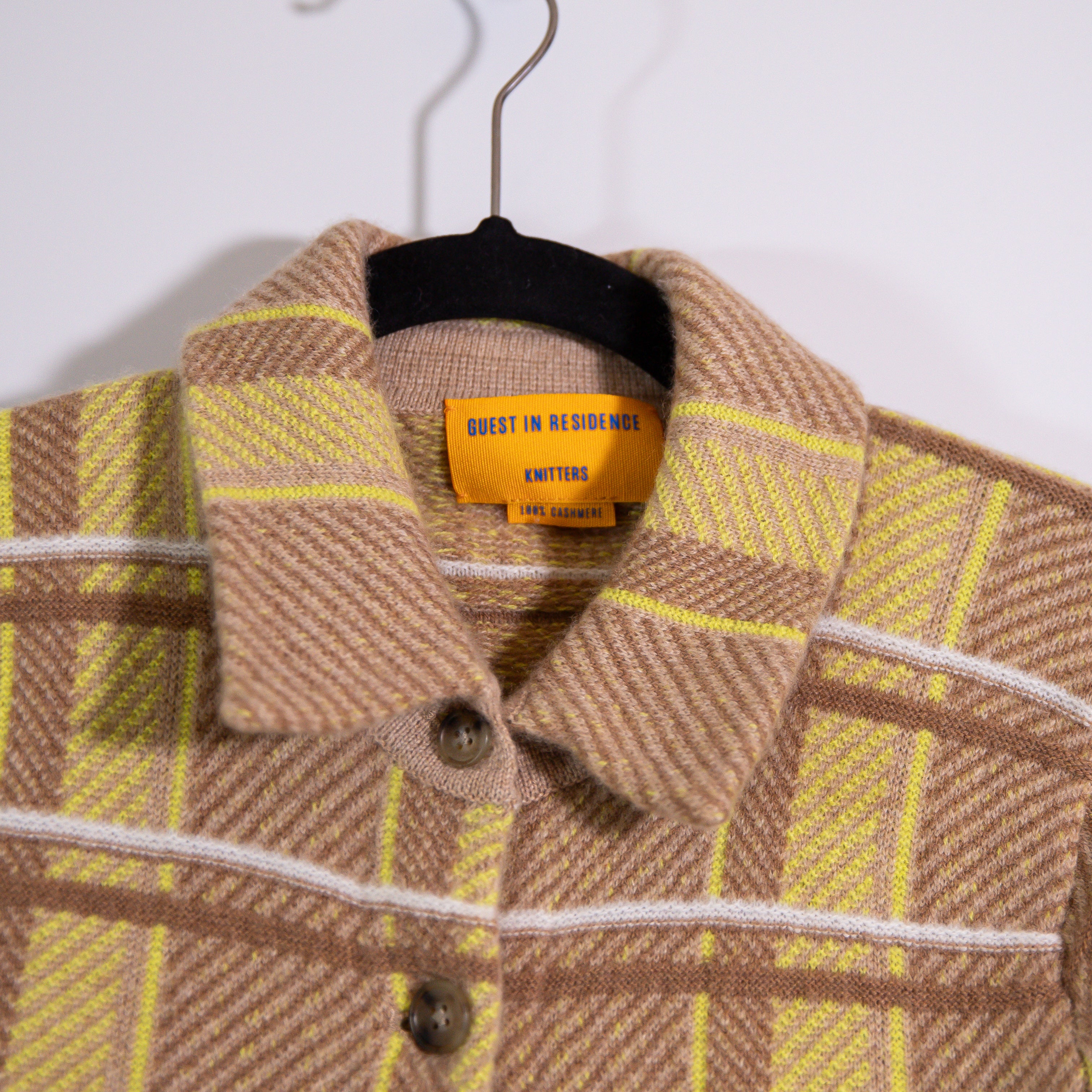Guest In Residence Dylan 100% Cashmere Knit Collared Almond Combo Plaid Shirt XS