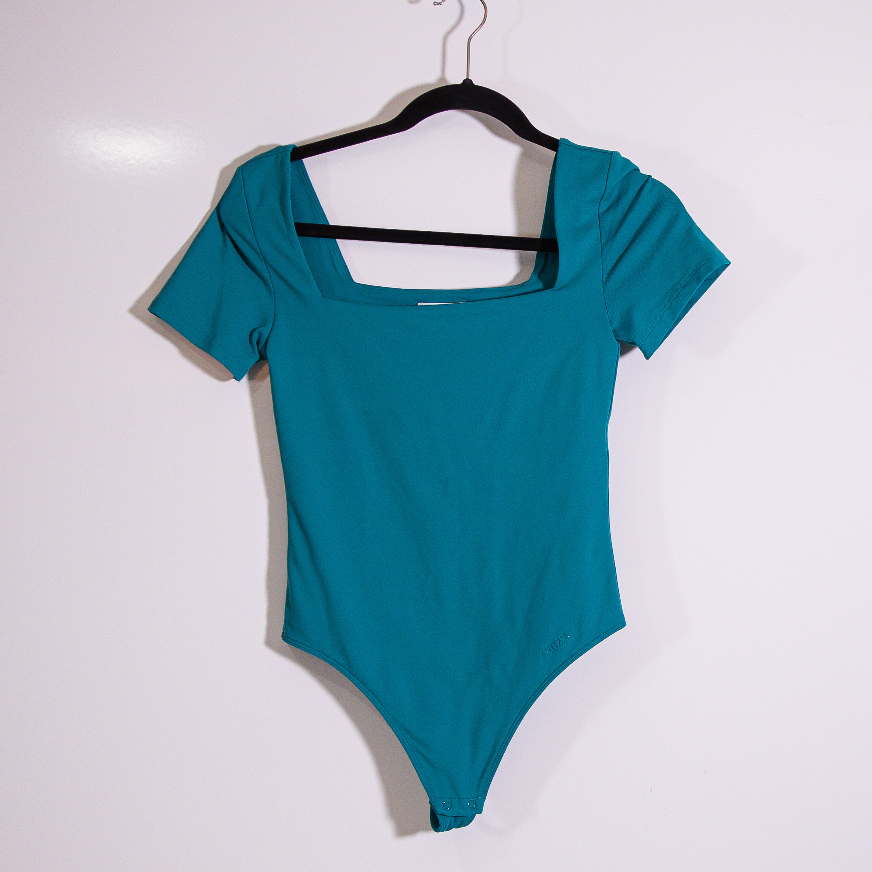 Aritzia Contour Squareneck Short Sleeve One Piece Bodysuit Teal Blue Small