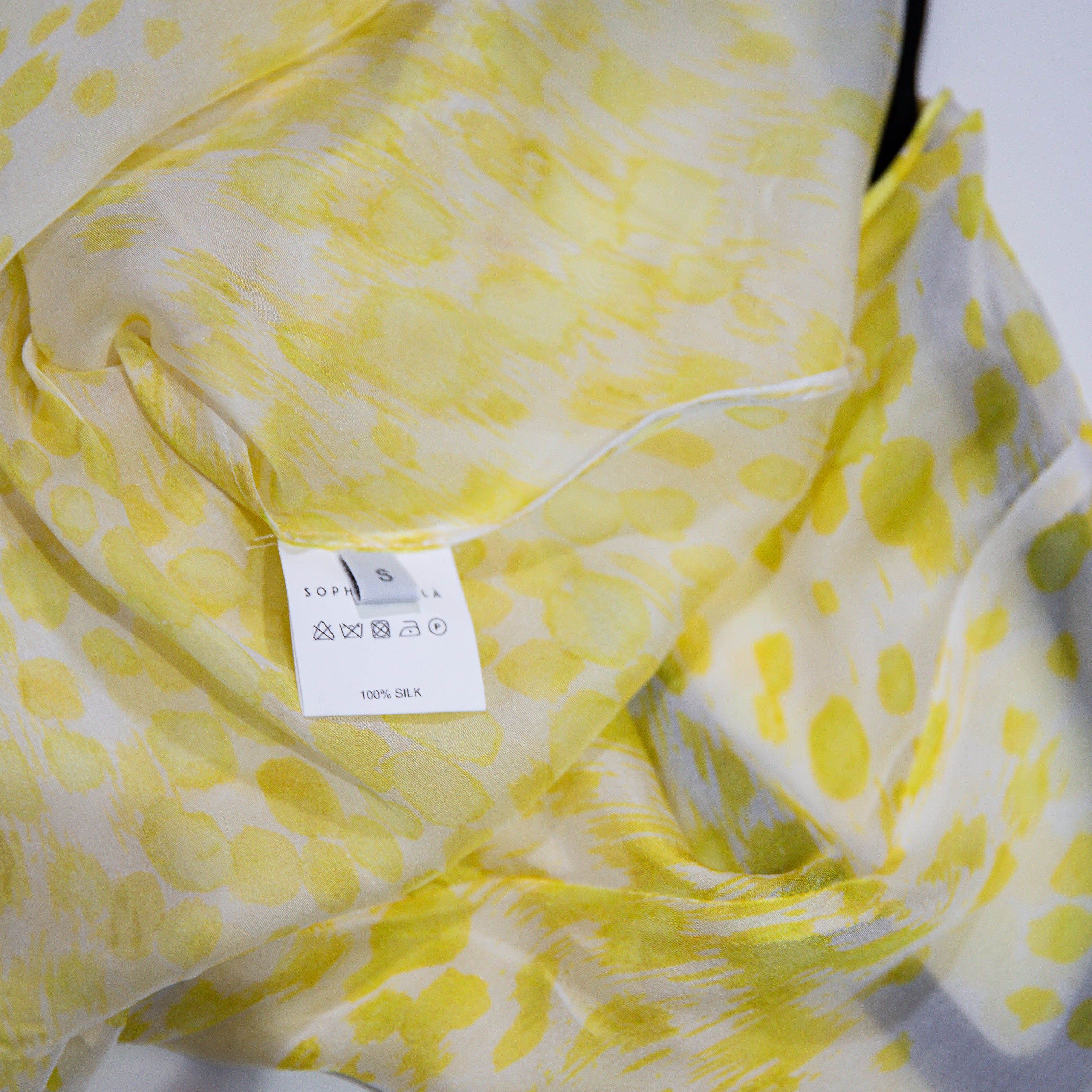 NEW SEV Long Sleeve Draped Silk Chiffon Blouse In Yellow Lima Print Top Small