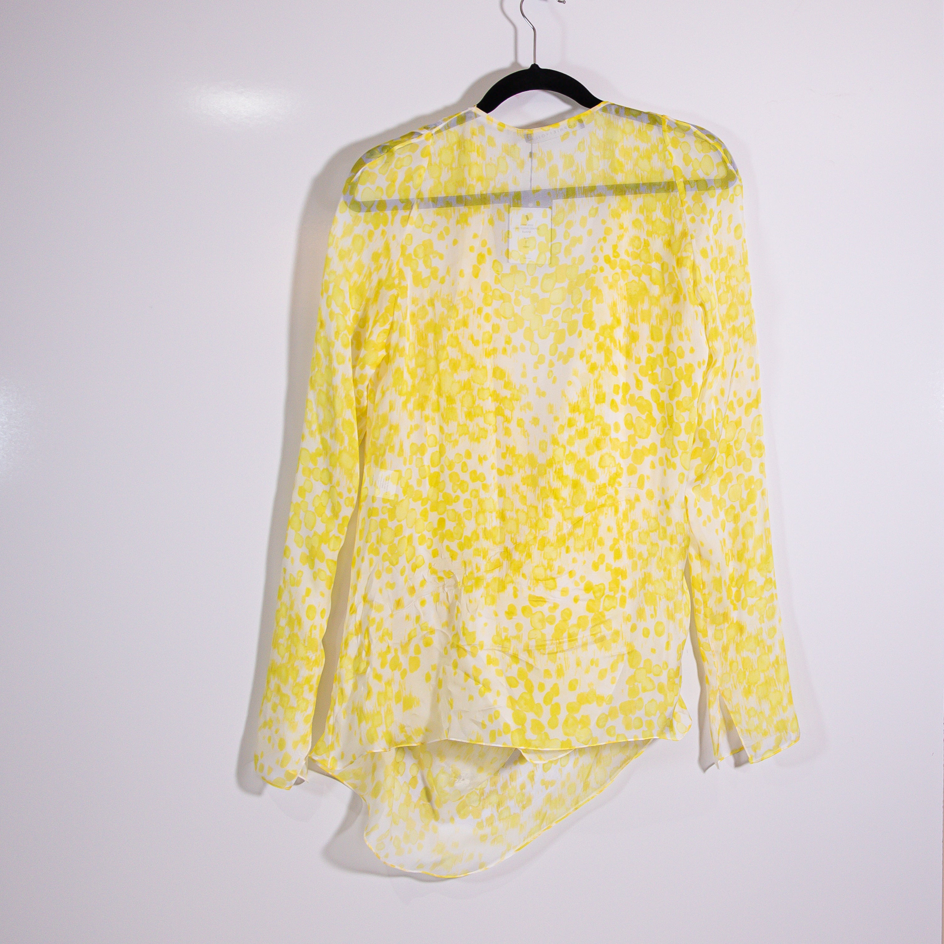 NEW SEV Long Sleeve Draped Silk Chiffon Blouse In Yellow Lima Print Top Small