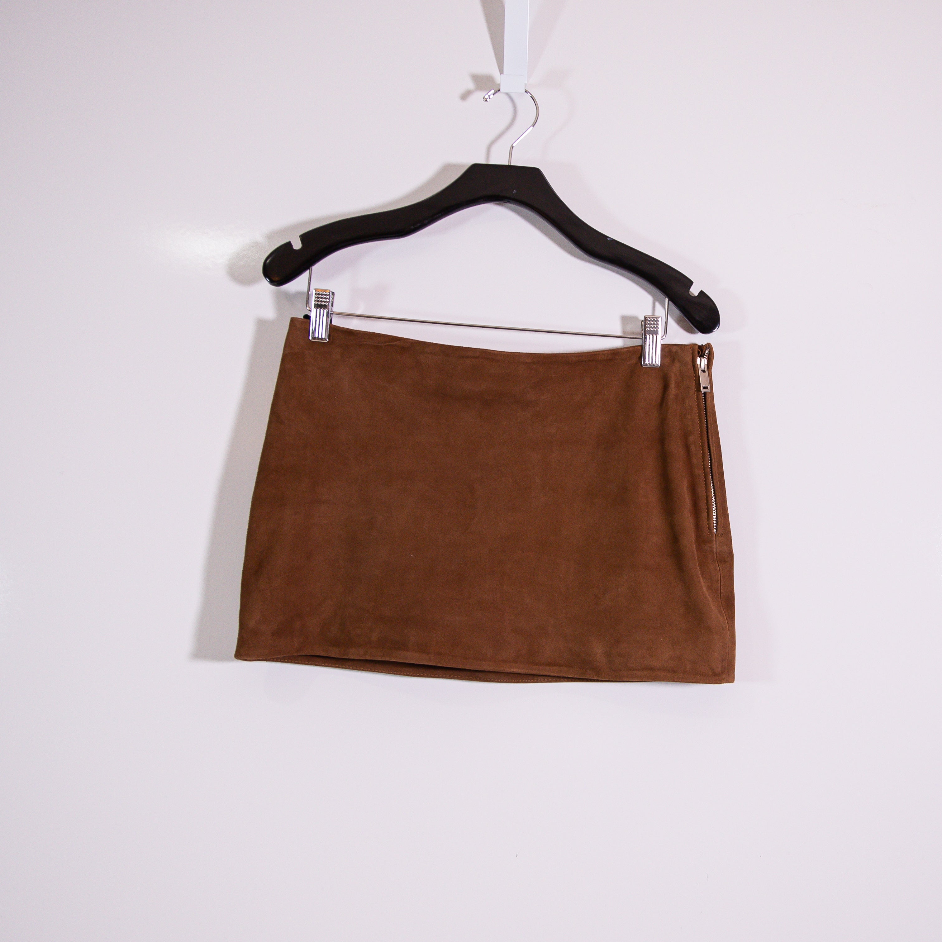 Retrofete Valerie Genuine Suede Leather Side Zip Mini Skirt Toffee Brown Small