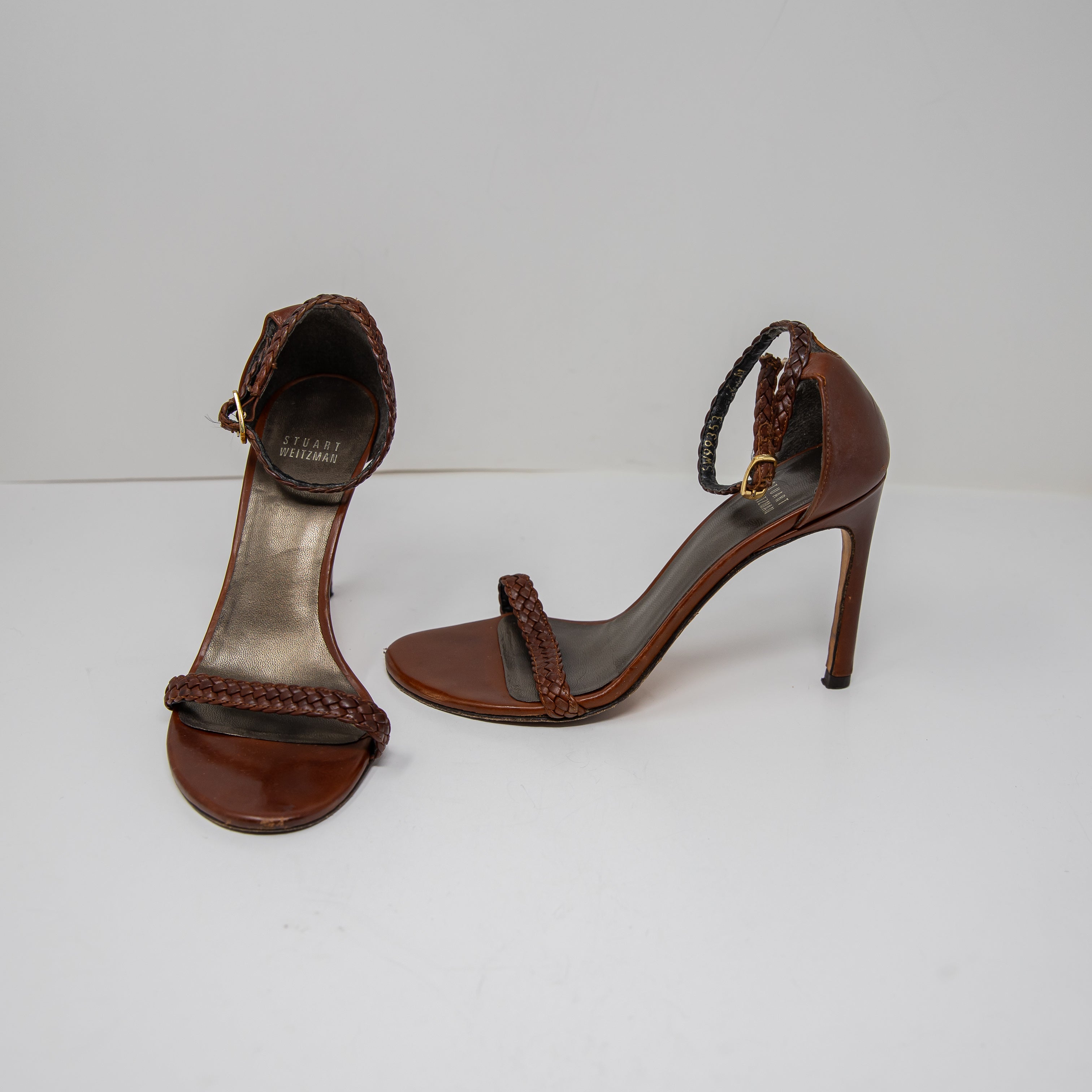 Stuart Weitzman Genuine Braided Leather Ankle Strap Open Toe Sandals High Heels