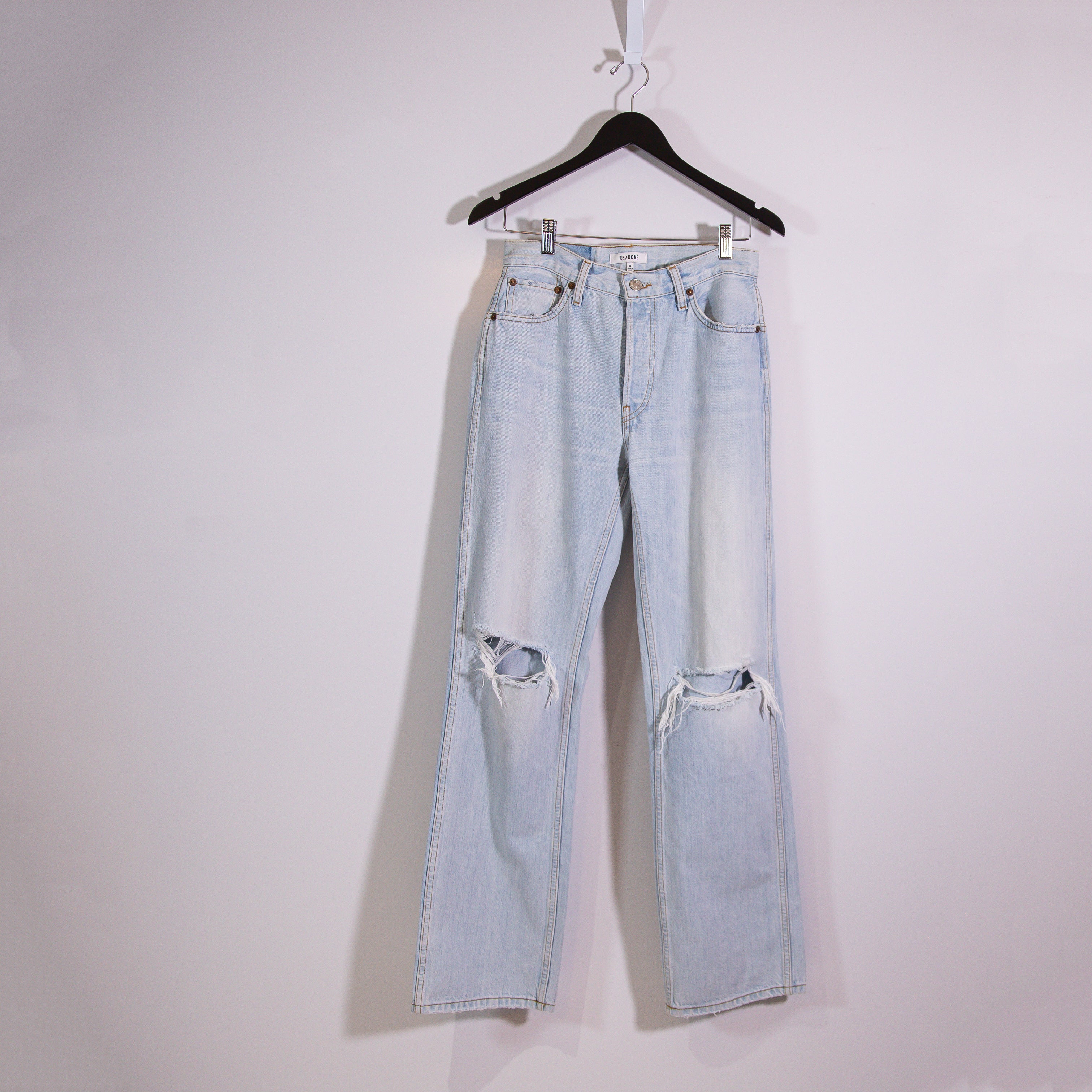 Re/Done 90s High Rise Loose Straight Leg Distressed Denim Jeans Blue 26