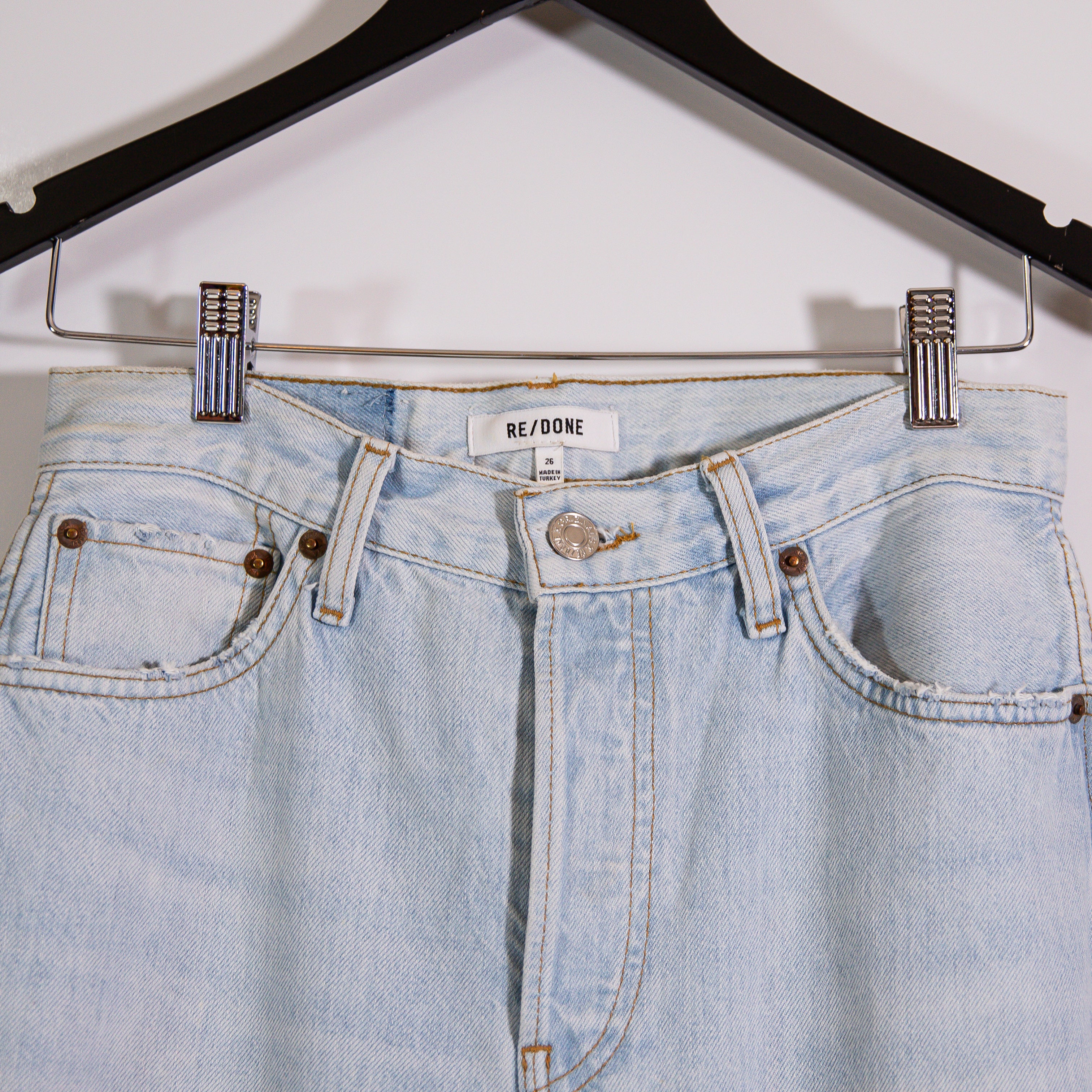 Re/Done 90s High Rise Loose Straight Leg Distressed Denim Jeans Blue 26