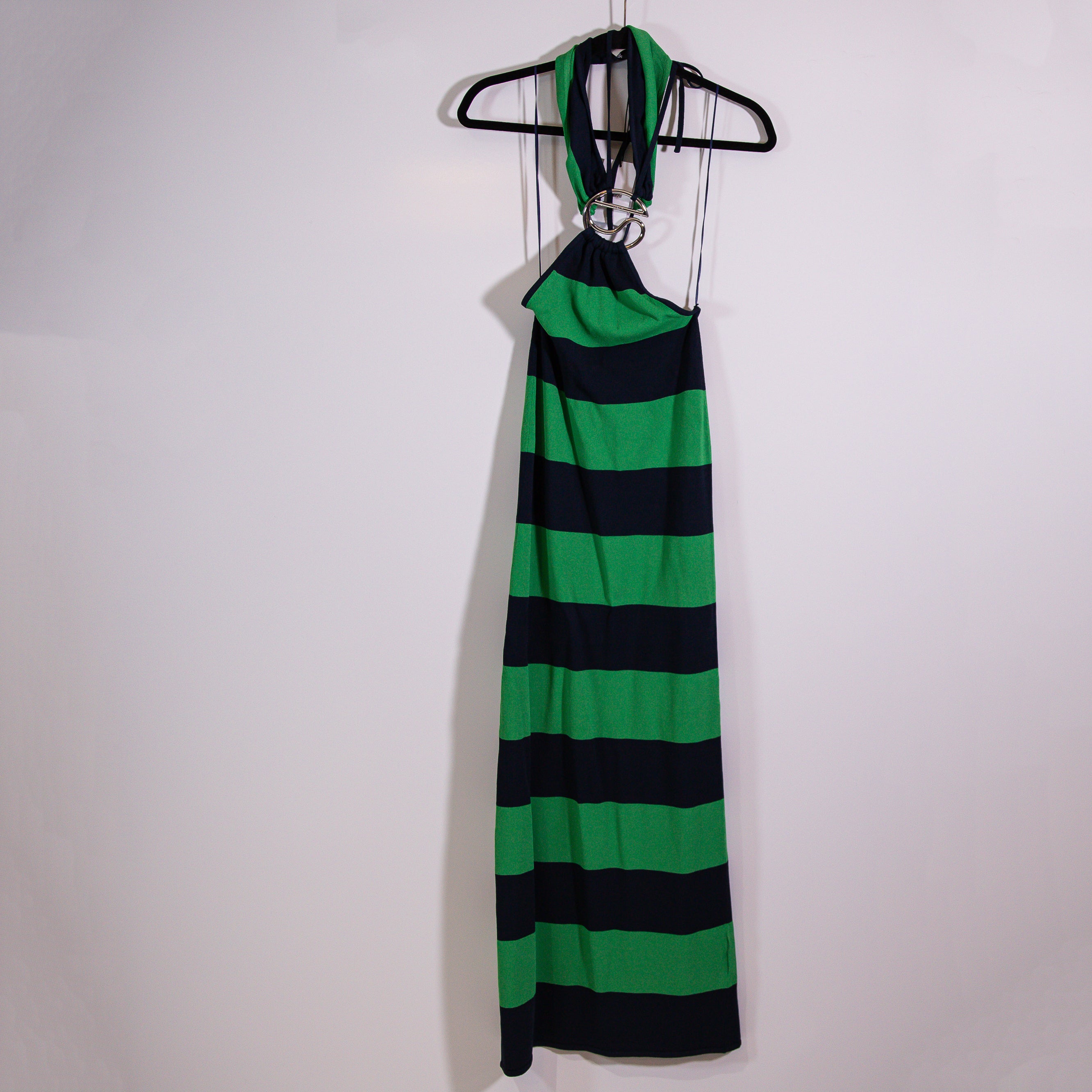 NEW Coperni Green Navy Blue Striped Knitted Stretch Halter Maxi Dress Small