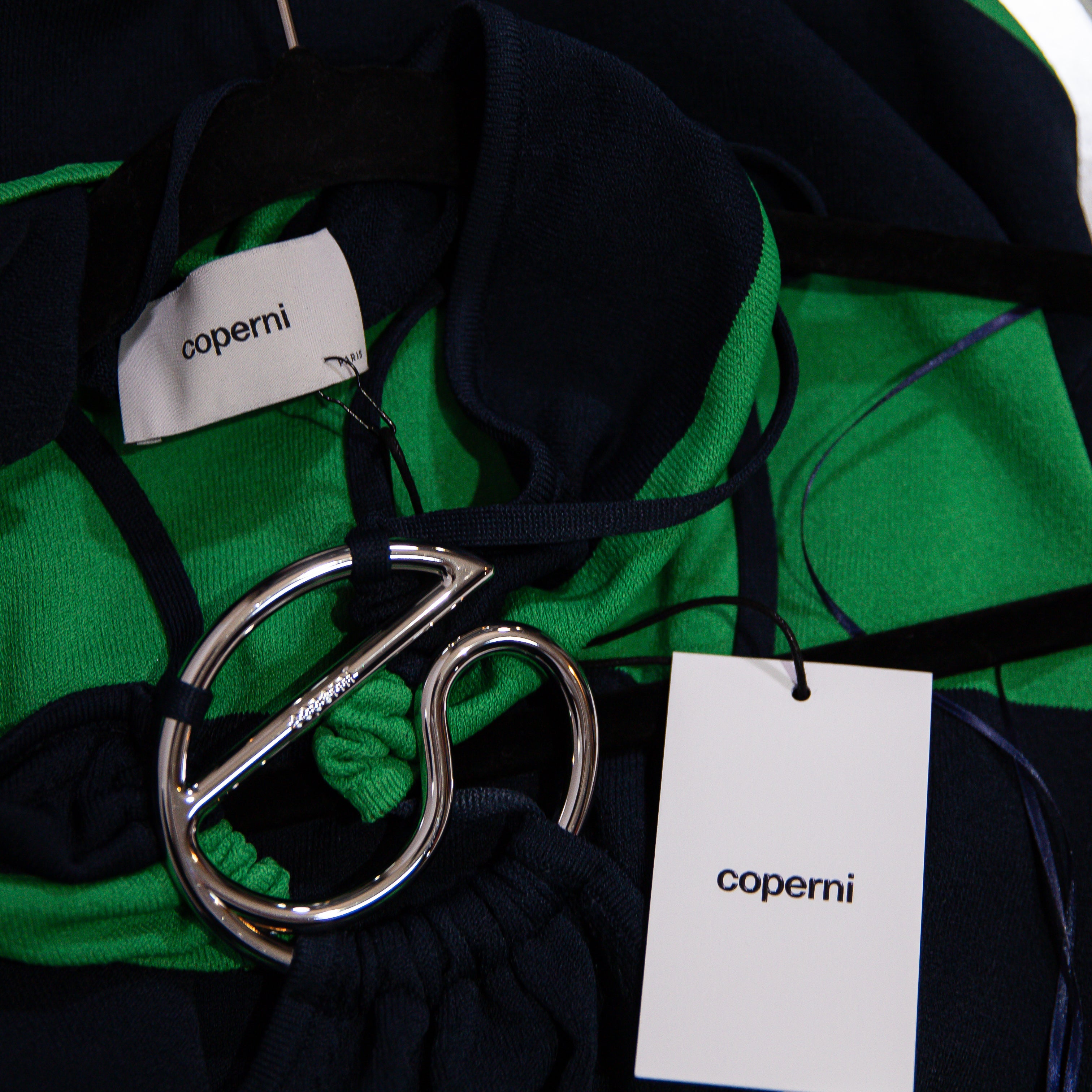 NEW Coperni Green Navy Blue Striped Knitted Stretch Halter Maxi Dress Small