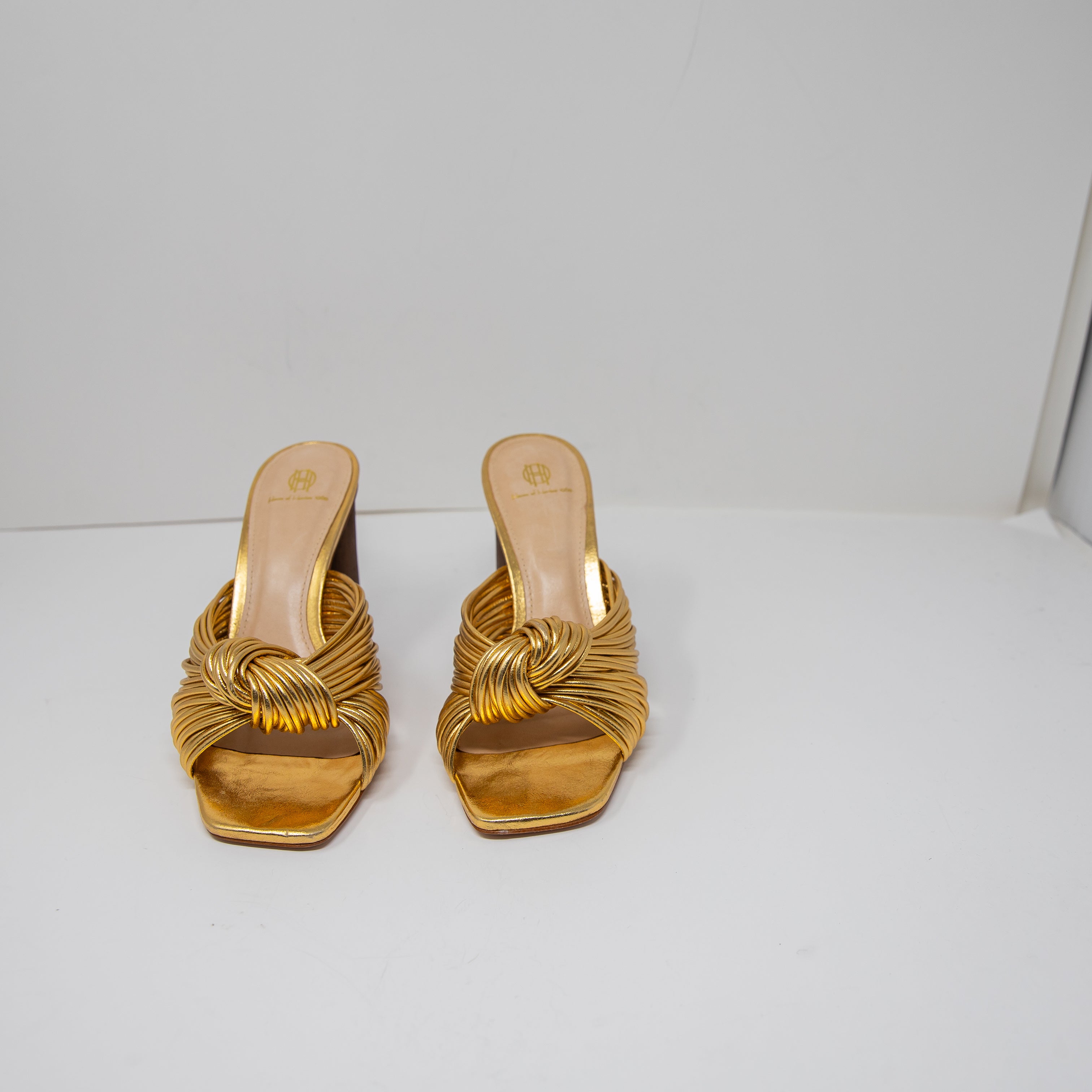 House Of Harlow Multi Strap Knotted Gold Metallic Open Toe Sandals High Heels 7