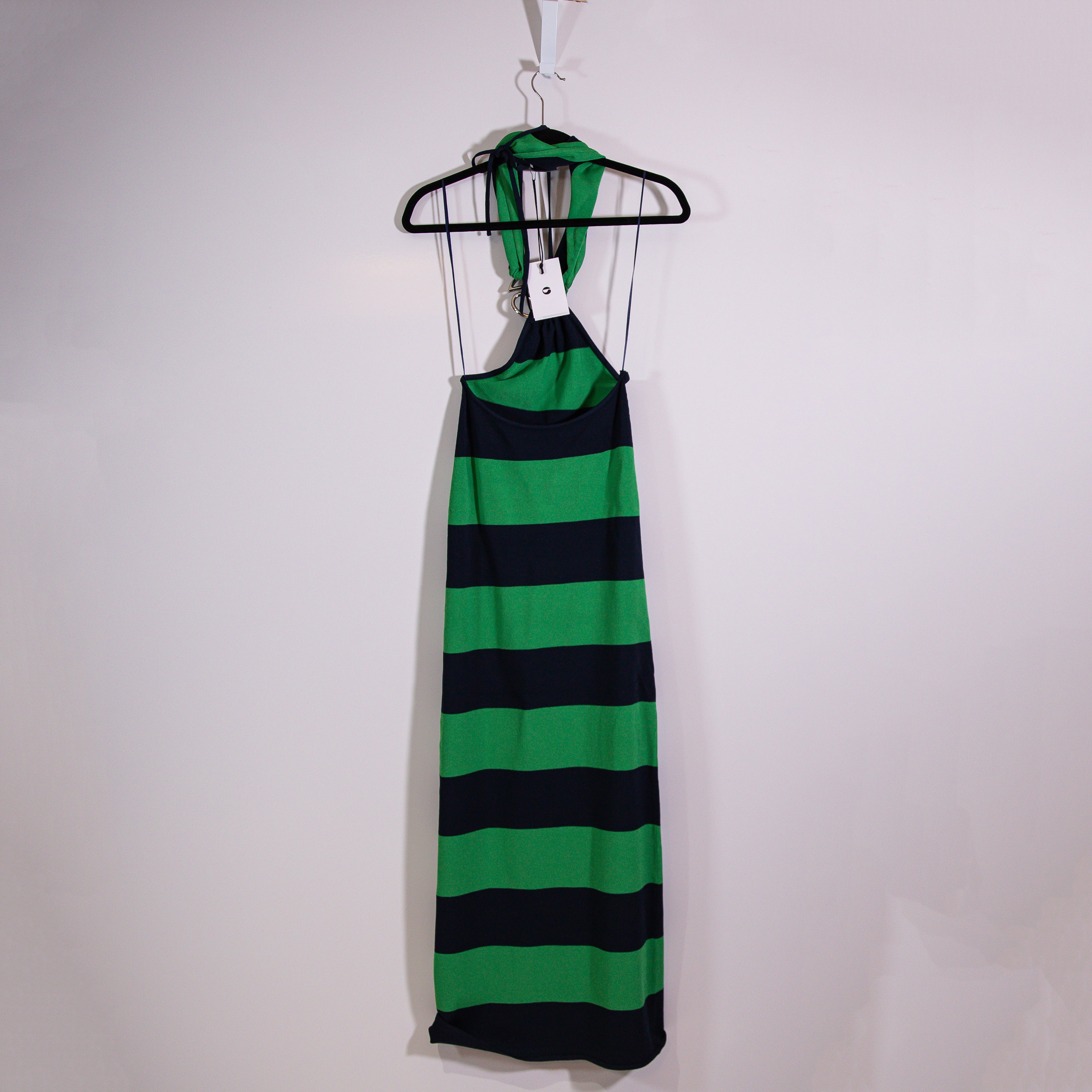 NEW Coperni Green Navy Blue Striped Knitted Stretch Halter Maxi Dress Small