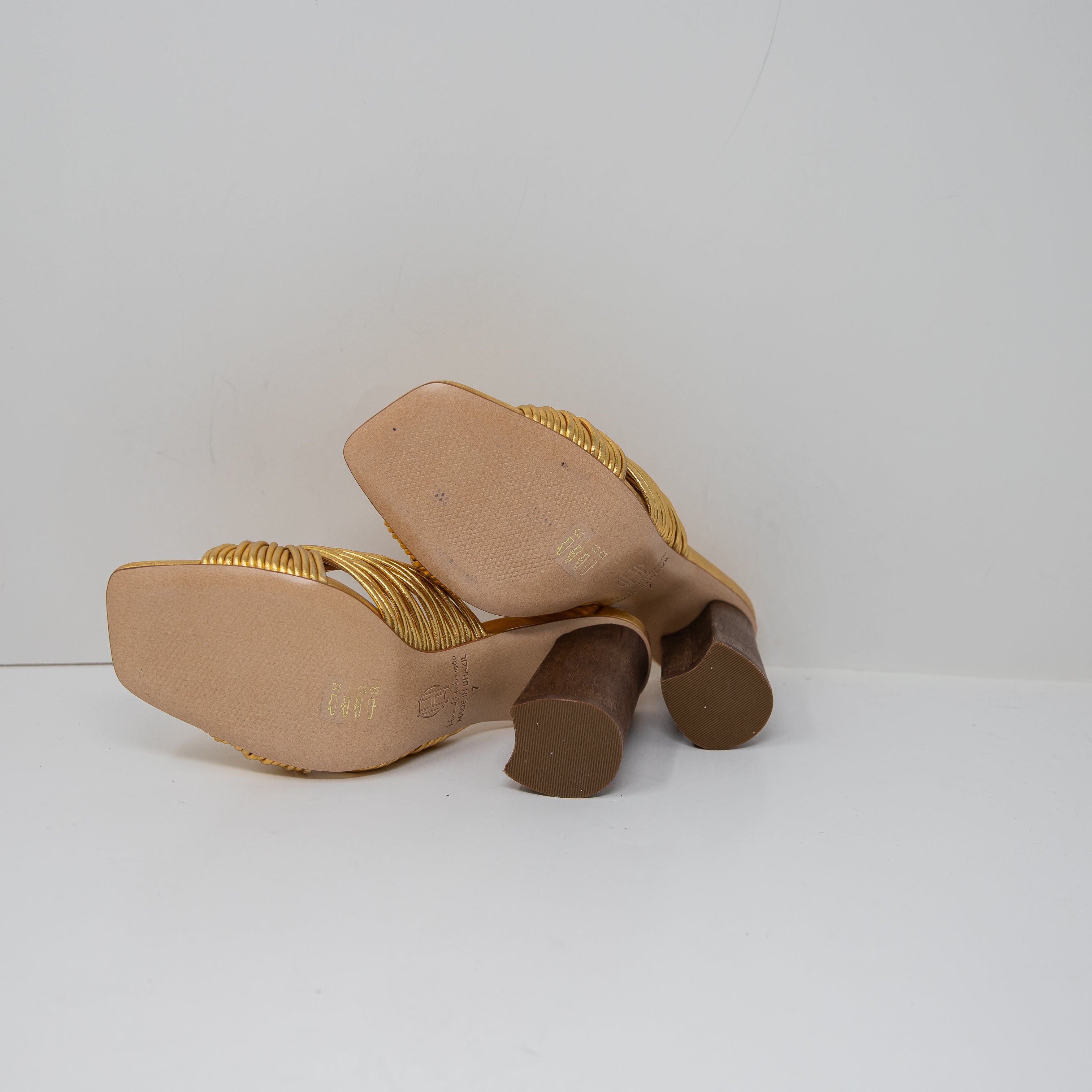 House Of Harlow Multi Strap Knotted Gold Metallic Open Toe Sandals High Heels 7