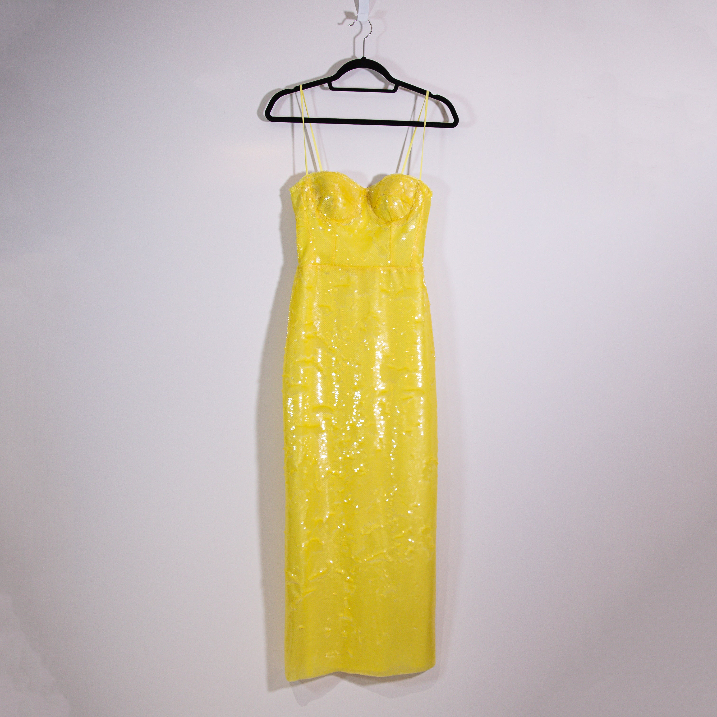 NEW SEV Caserolles Allover Sequined Embellished Sparkle Midi Dress Yellow Small