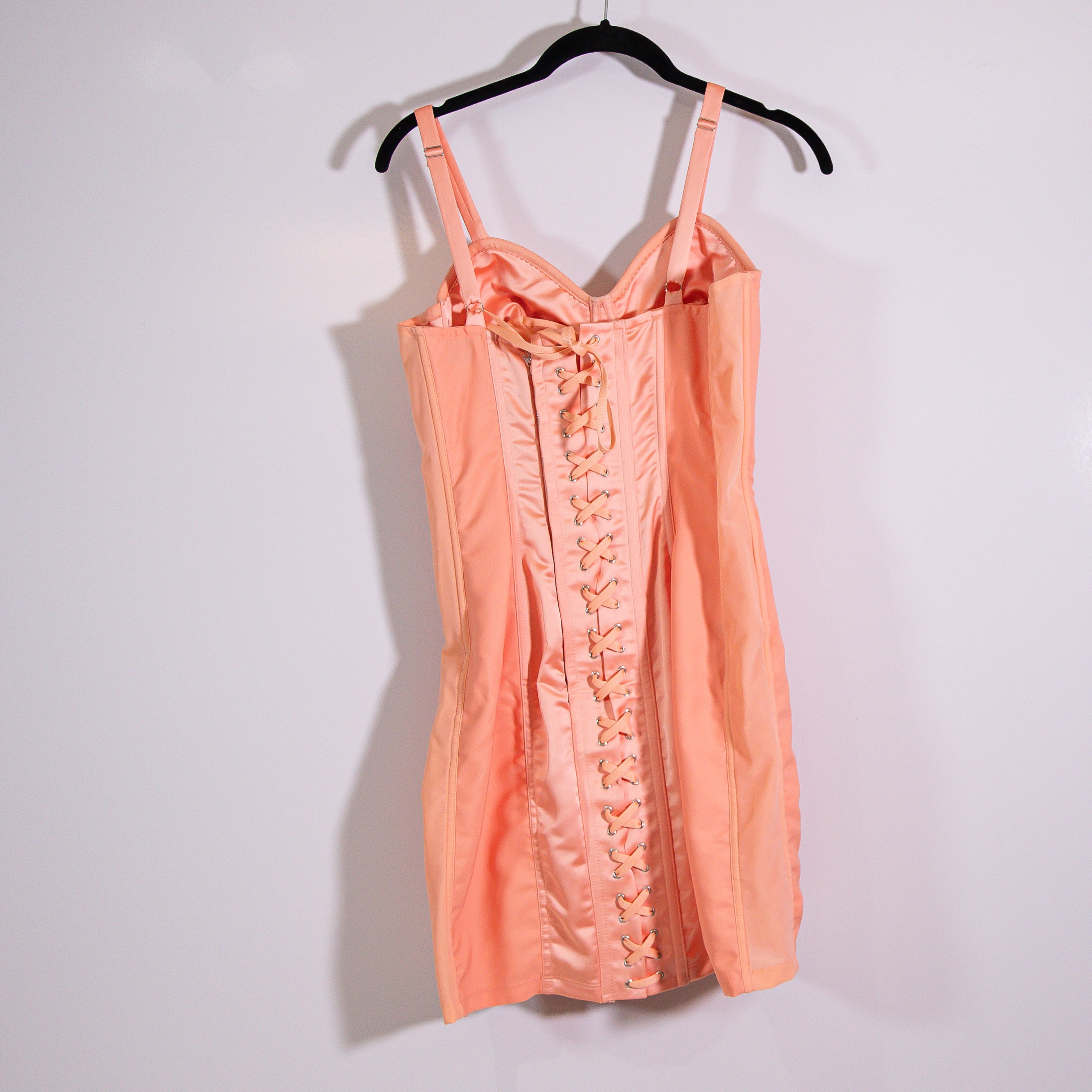 Jean Paul Gaultier Iconic Cone Bra Satin Corset Lace Up Back Mini Dress Pink 2