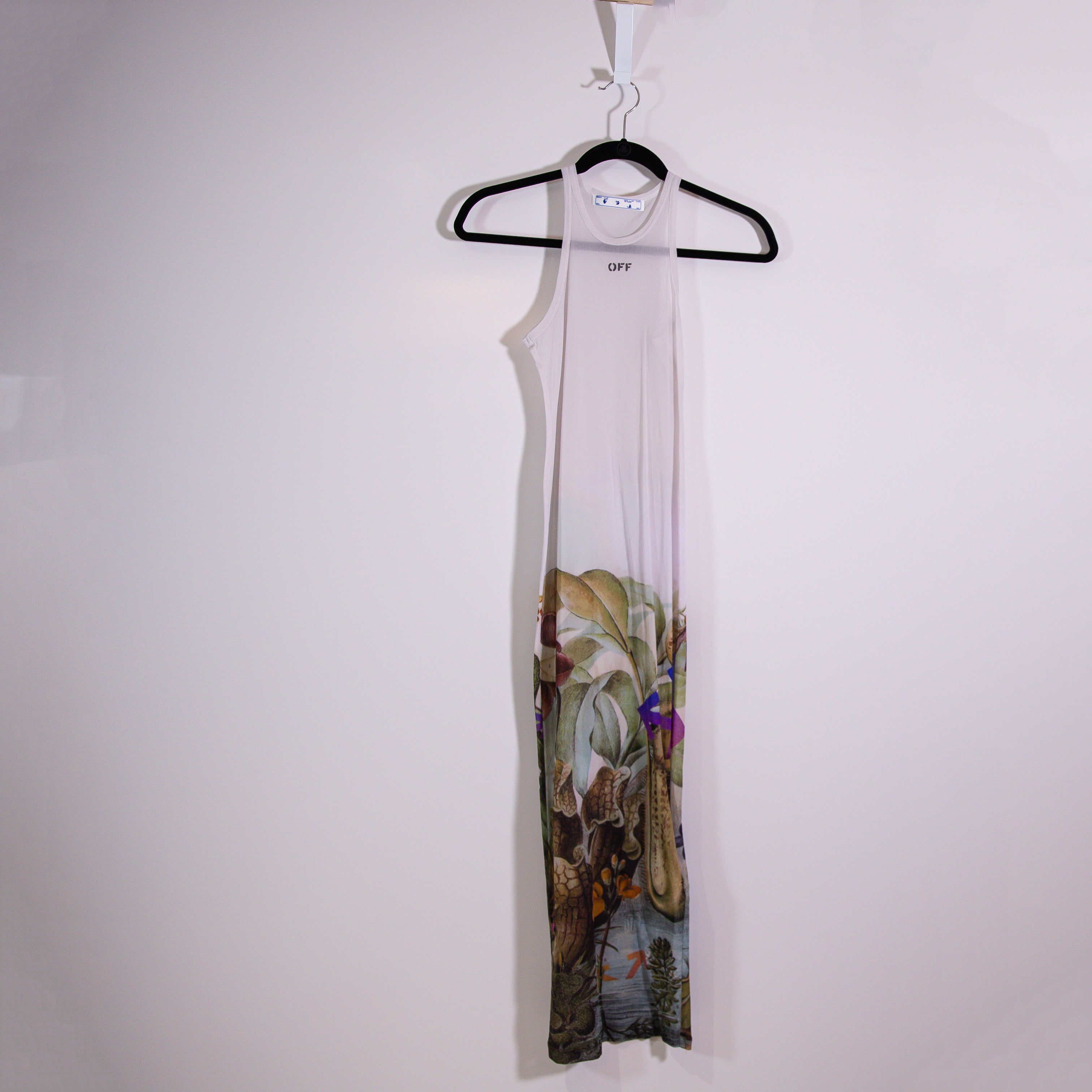Off White Virgil Abloh Mesh Tulle Semi Sheer Sleeveless Garden Print Midi Dress