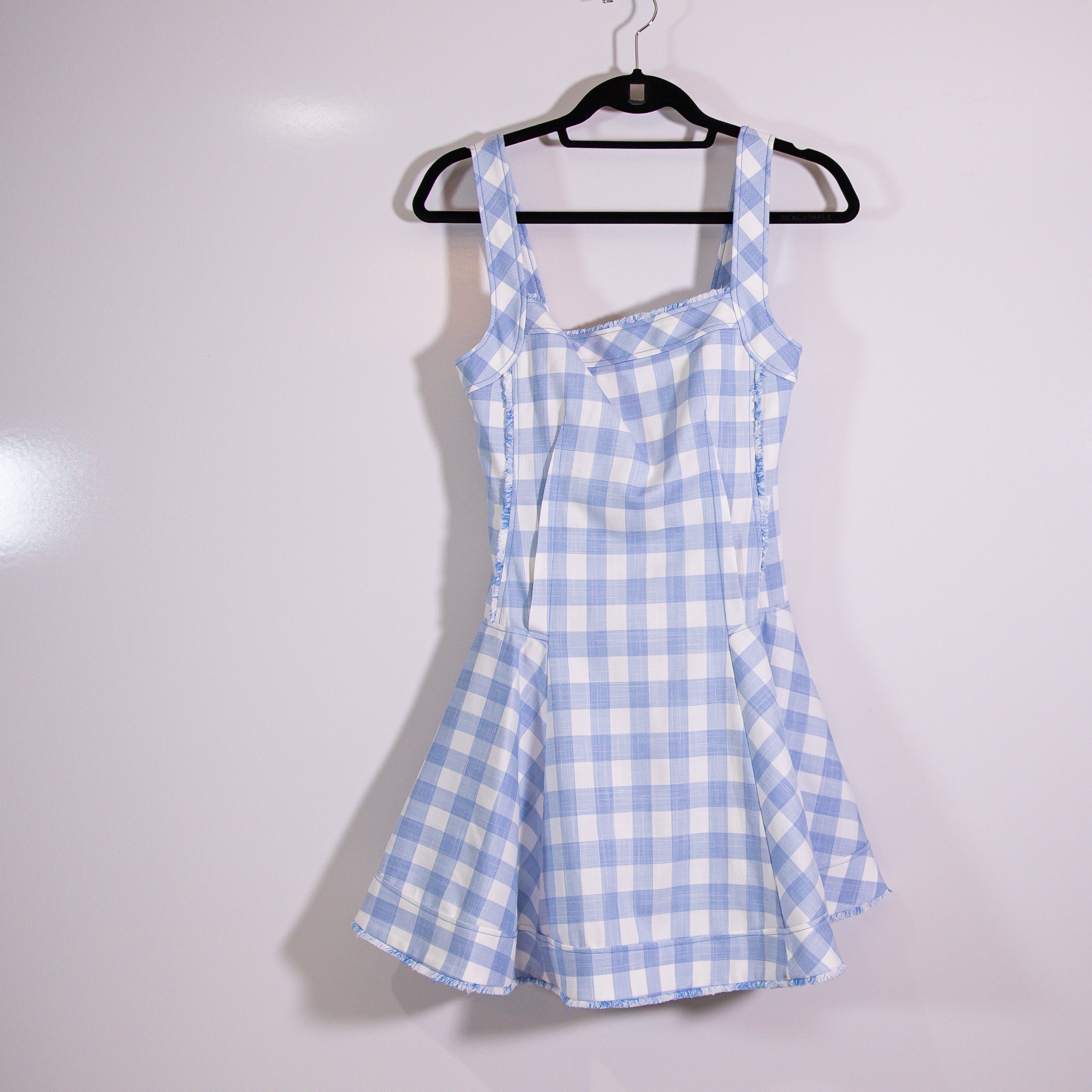 Simkhai Hannalie Blue Hydrangea White Gingham Check Plaid Fit Flare Mini Dress 4