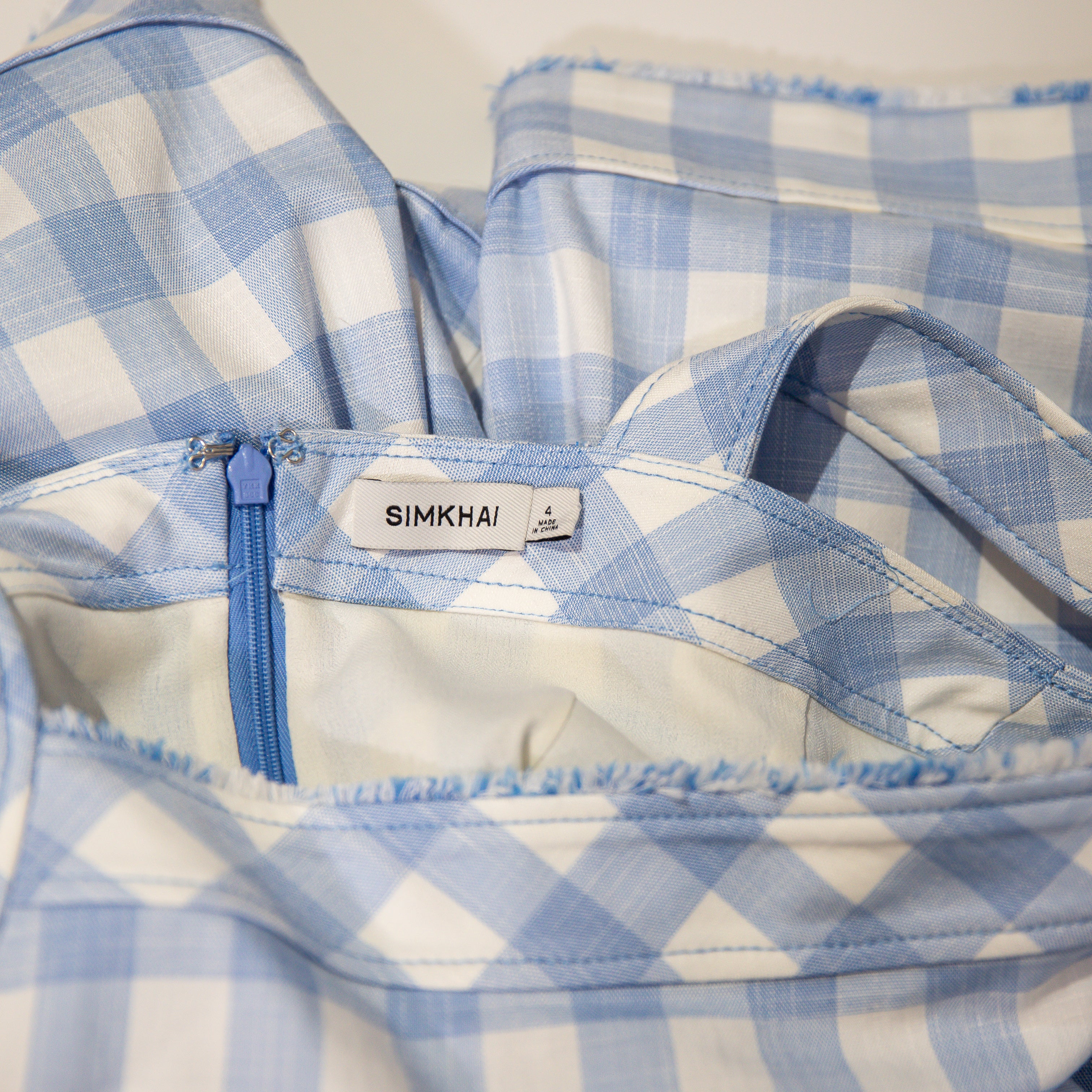 Simkhai Hannalie Blue Hydrangea White Gingham Check Plaid Fit Flare Mini Dress 4