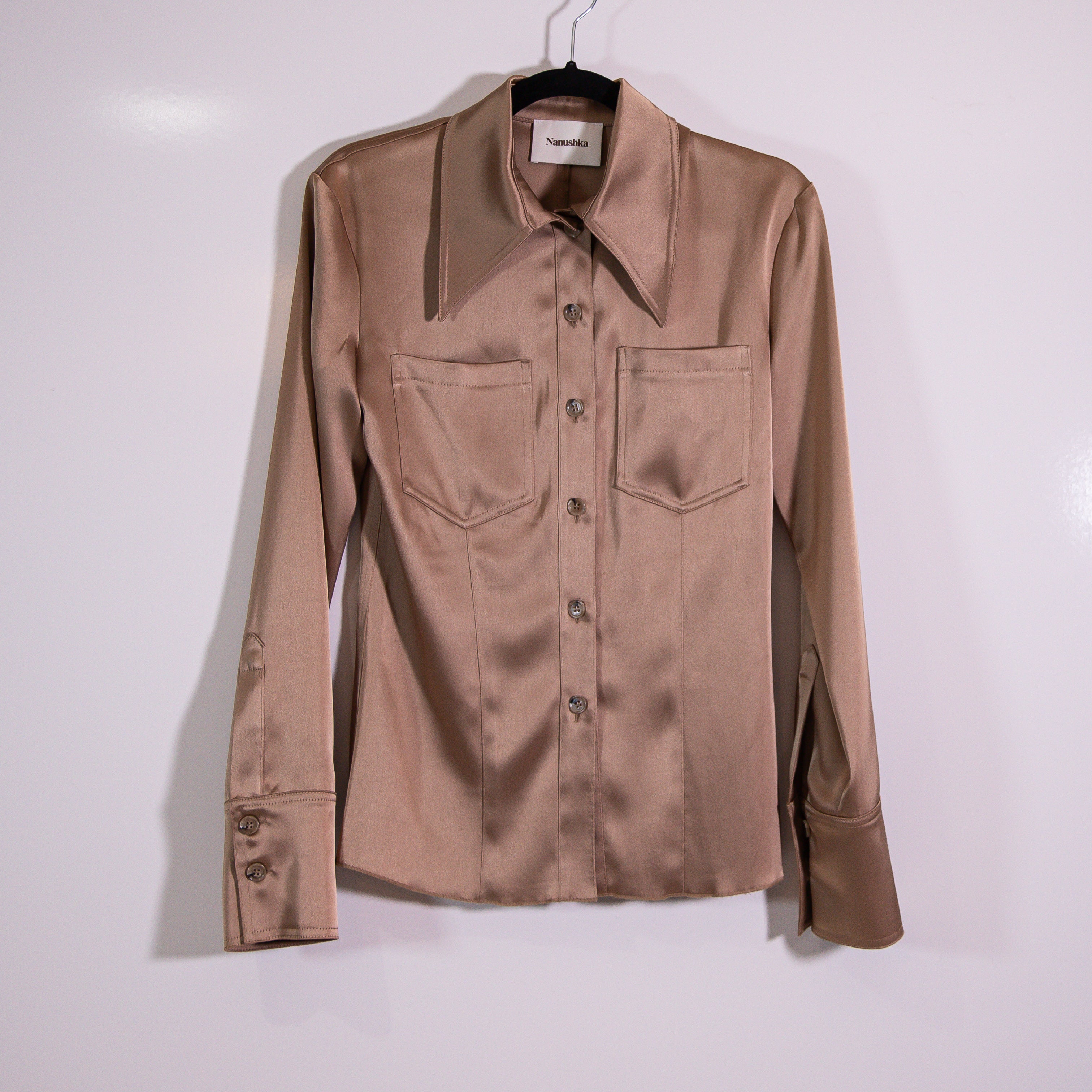 Nanushka Tippi Satin Collared Long Sleeve Button Front Blouse Shirt Sandstone XS