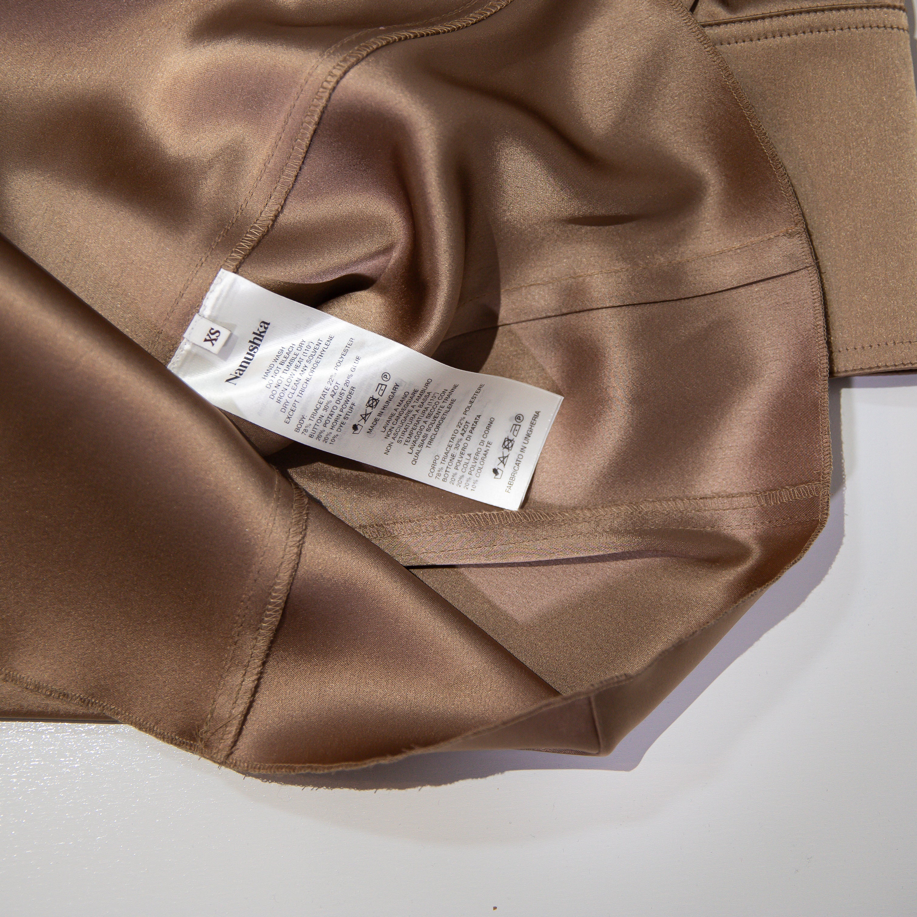 Nanushka Tippi Satin Collared Long Sleeve Button Front Blouse Shirt Sandstone XS