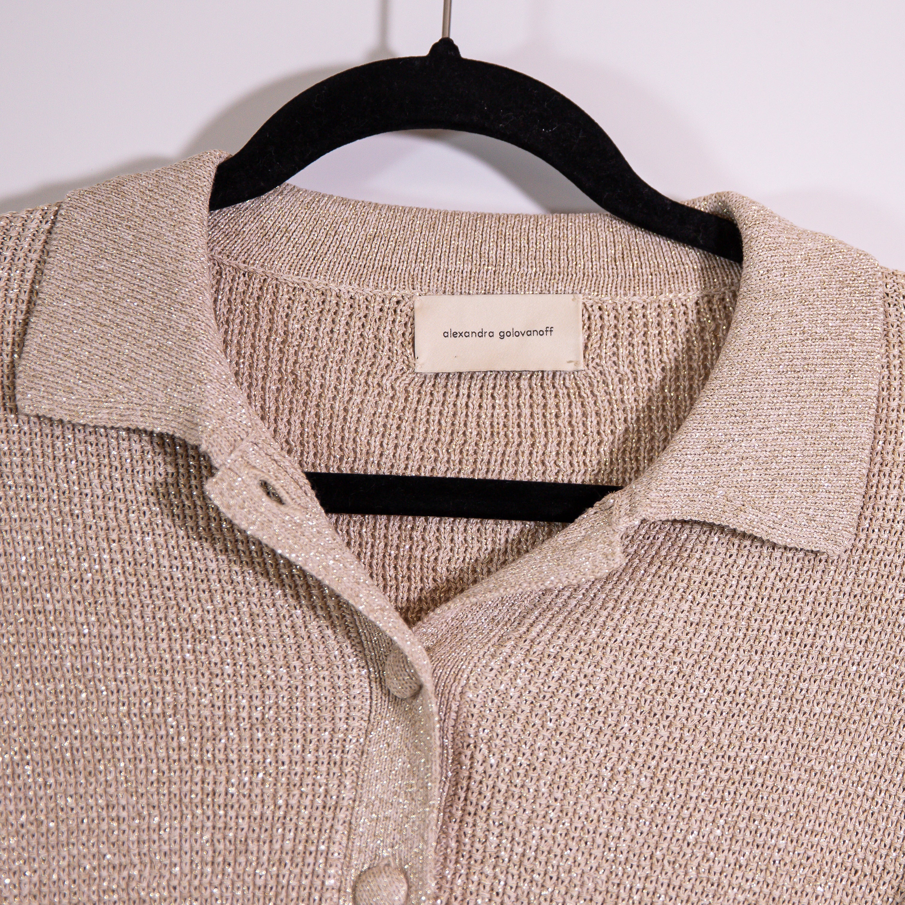 Alexandra Golovanoff Metallic Gold Sparkle Short Sleeve Collared Polo Sweater XS