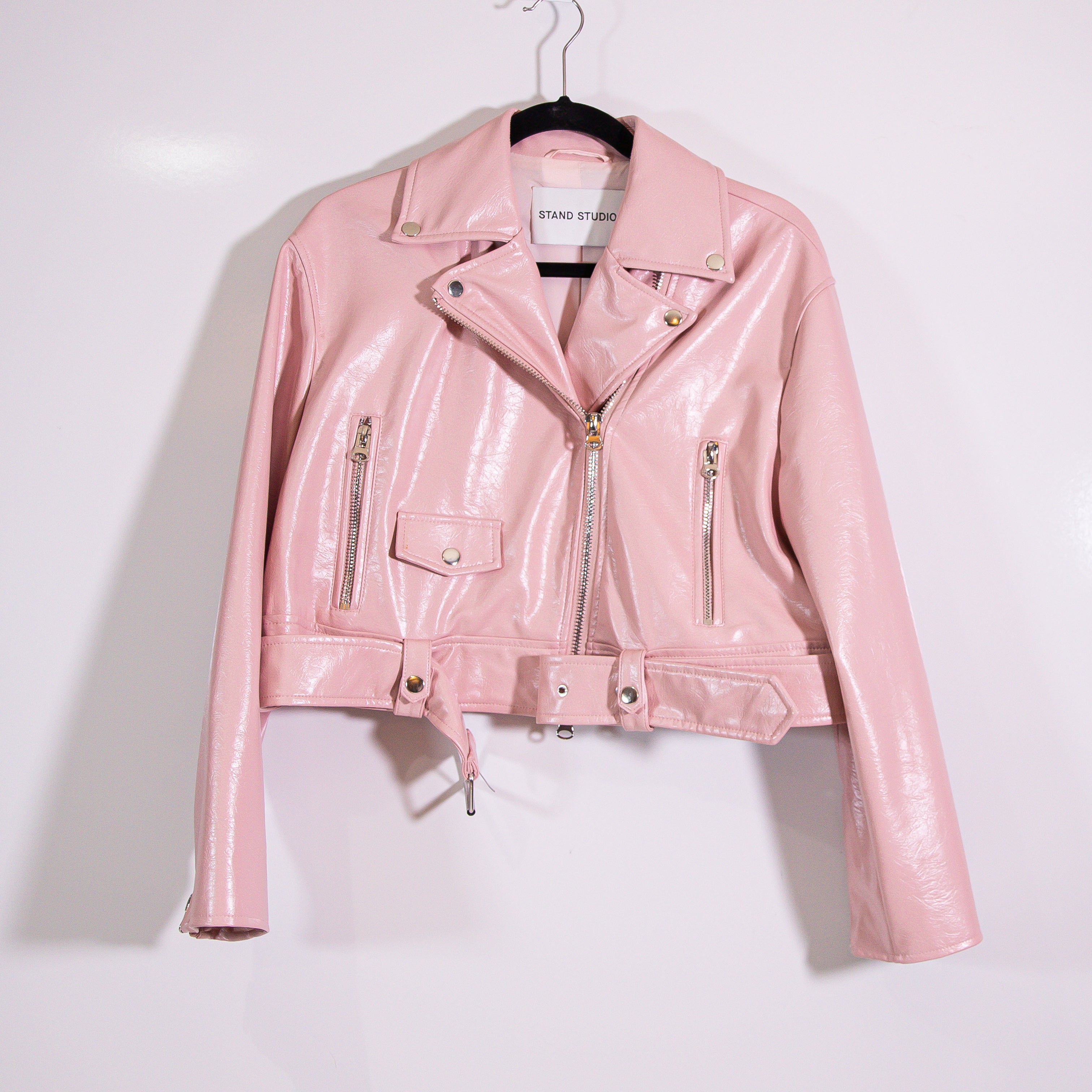 Stand Studio Selena Faux Vegan Leather Moto Biker Jacket Dusty Rose Pink Small