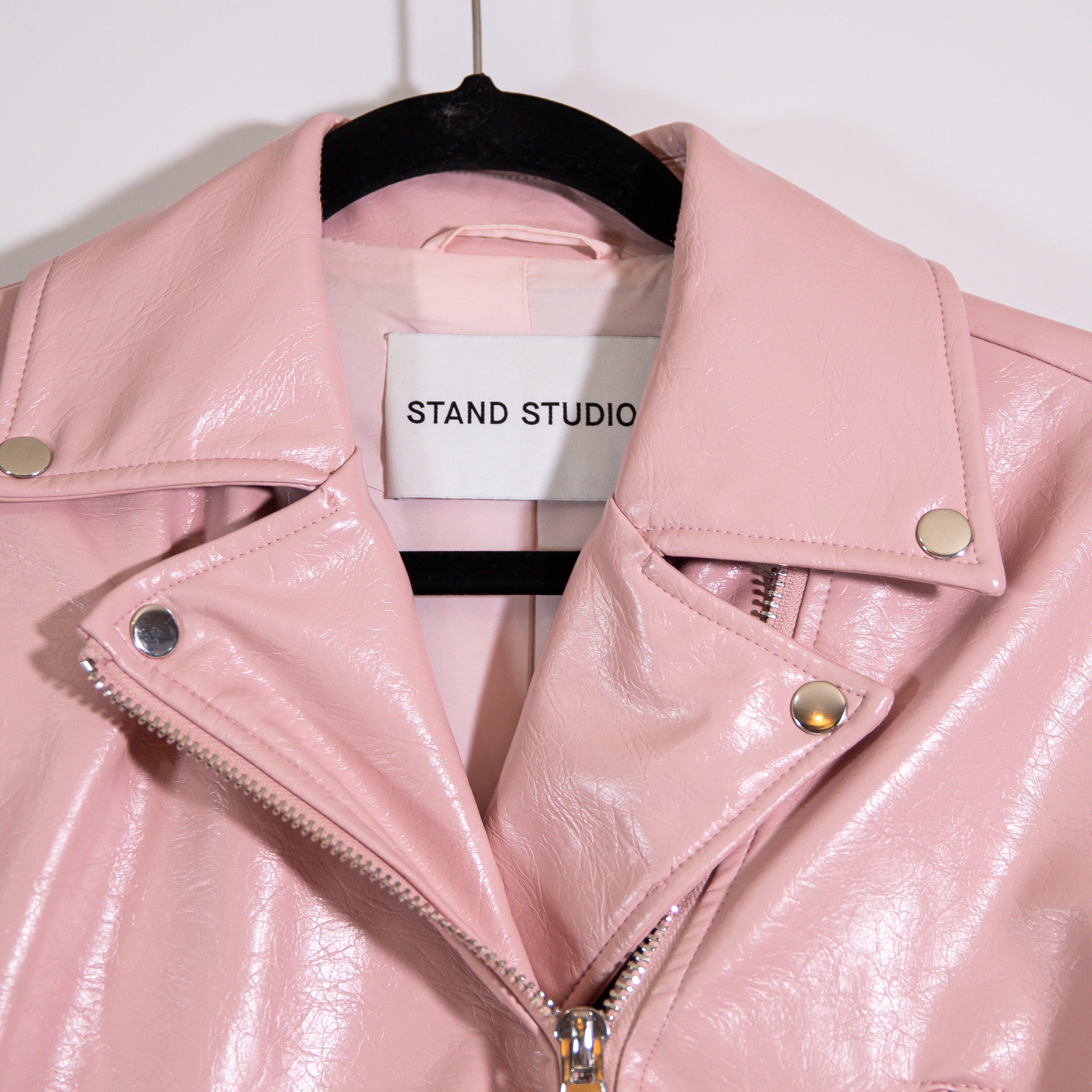 Stand Studio Selena Faux Vegan Leather Moto Biker Jacket Dusty Rose Pink Small
