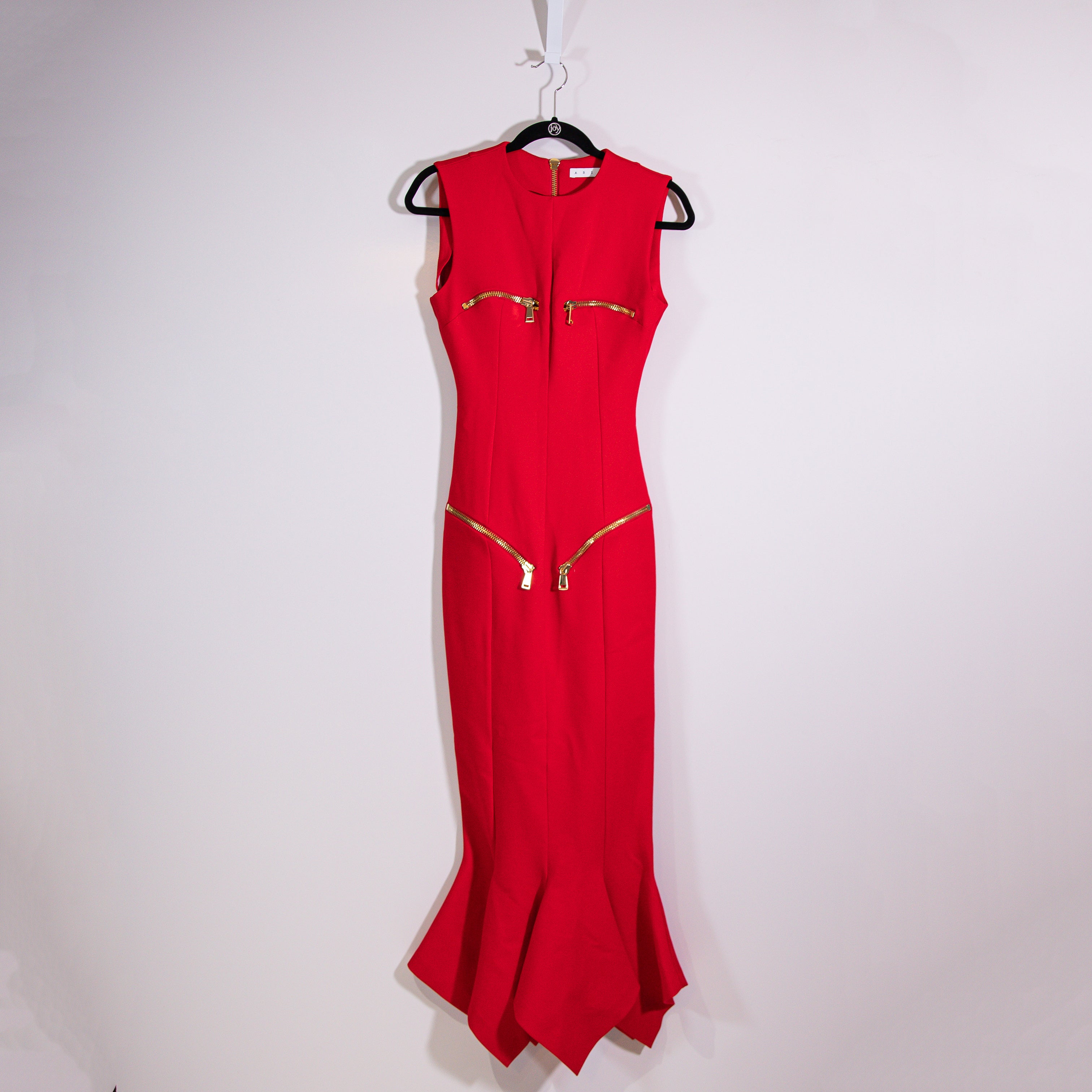 Area Cady Multi Zip Detailed Ponte Stretch Fit Flare Maxi Dress Red Gold Small