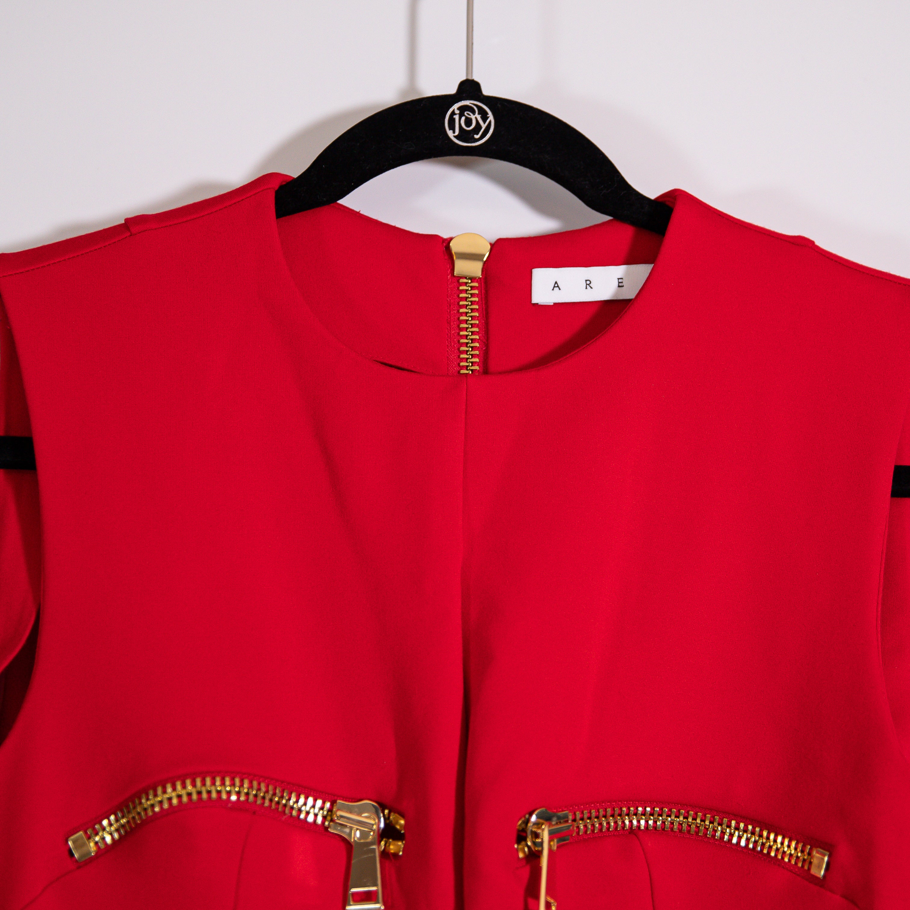 Area Cady Multi Zip Detailed Ponte Stretch Fit Flare Maxi Dress Red Gold Small