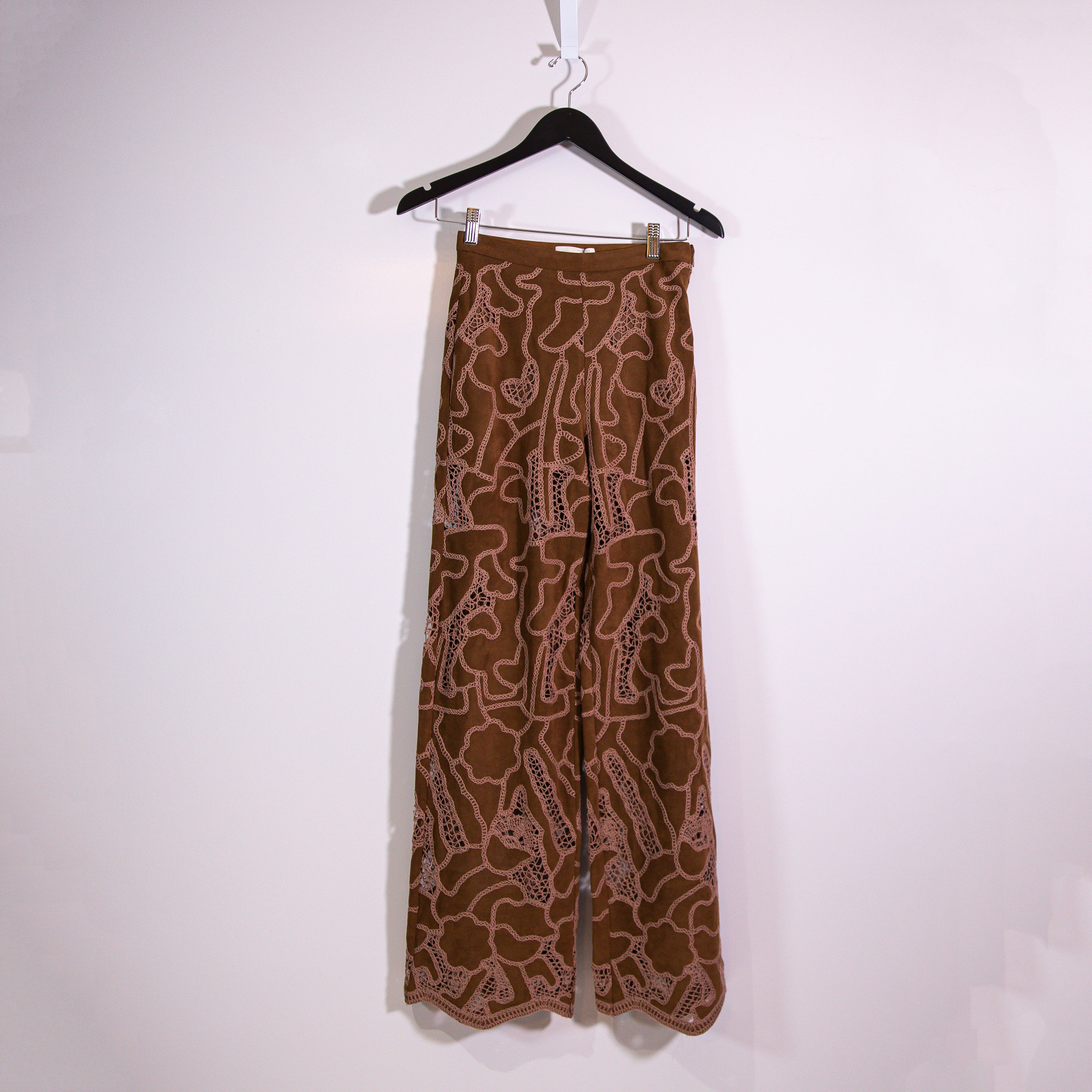 NEW Zara Faux Vegan Suede Leather Embroidered Sheer Lace Straight Leg Pants S