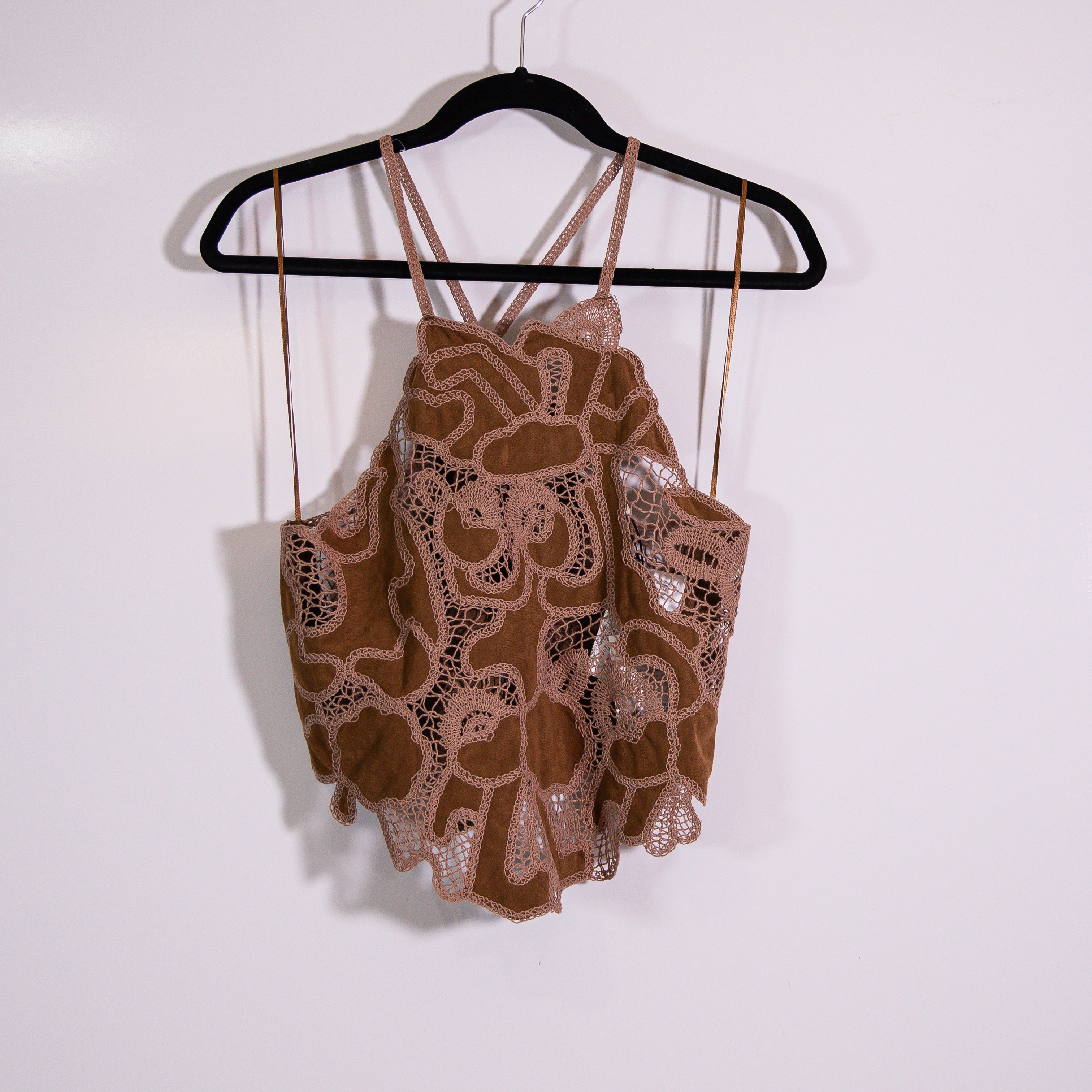 NEW Zara Faux Vegan Suede Leather Embroidered Sheer Lace Crossback Tank Top S