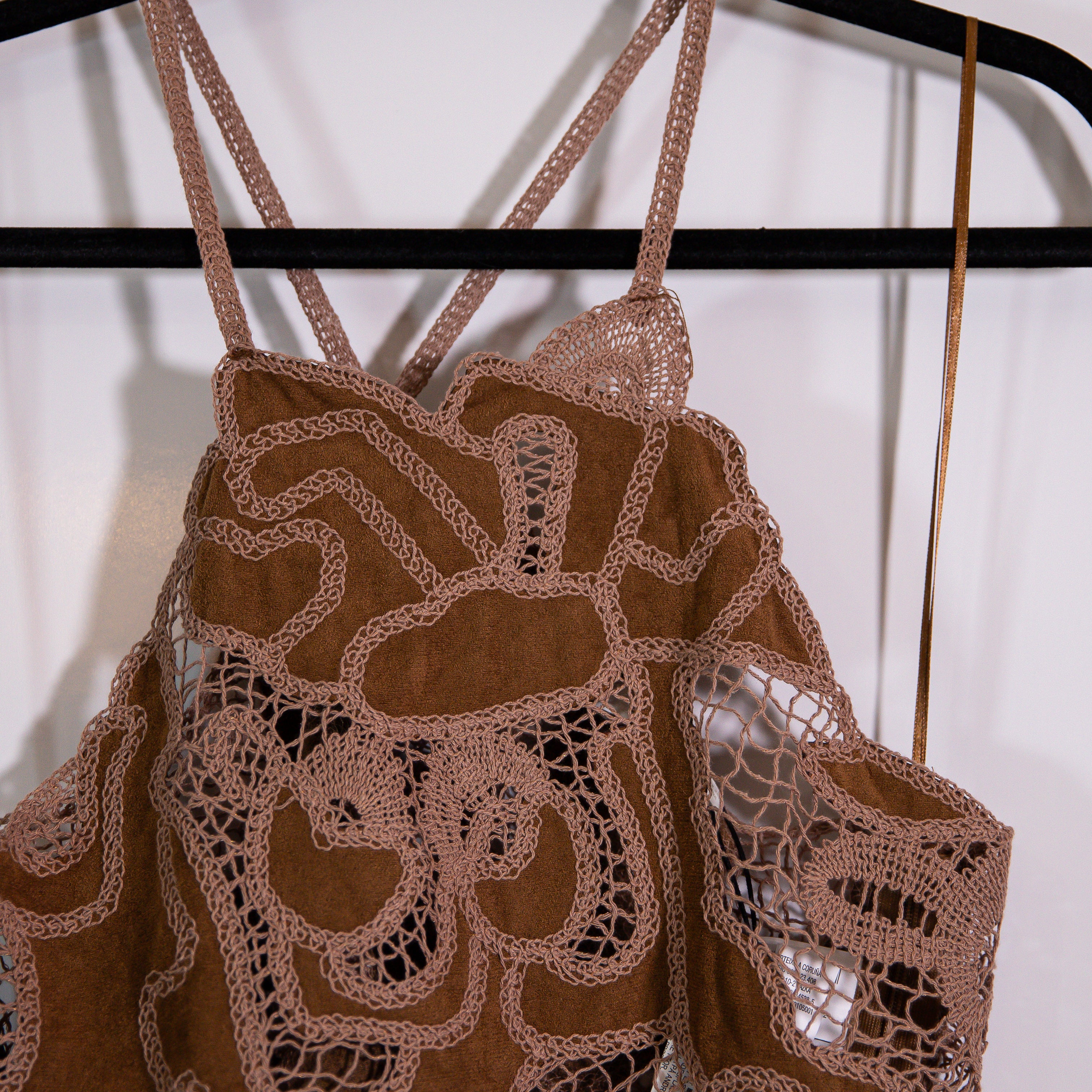 NEW Zara Faux Vegan Suede Leather Embroidered Sheer Lace Crossback Tank Top S