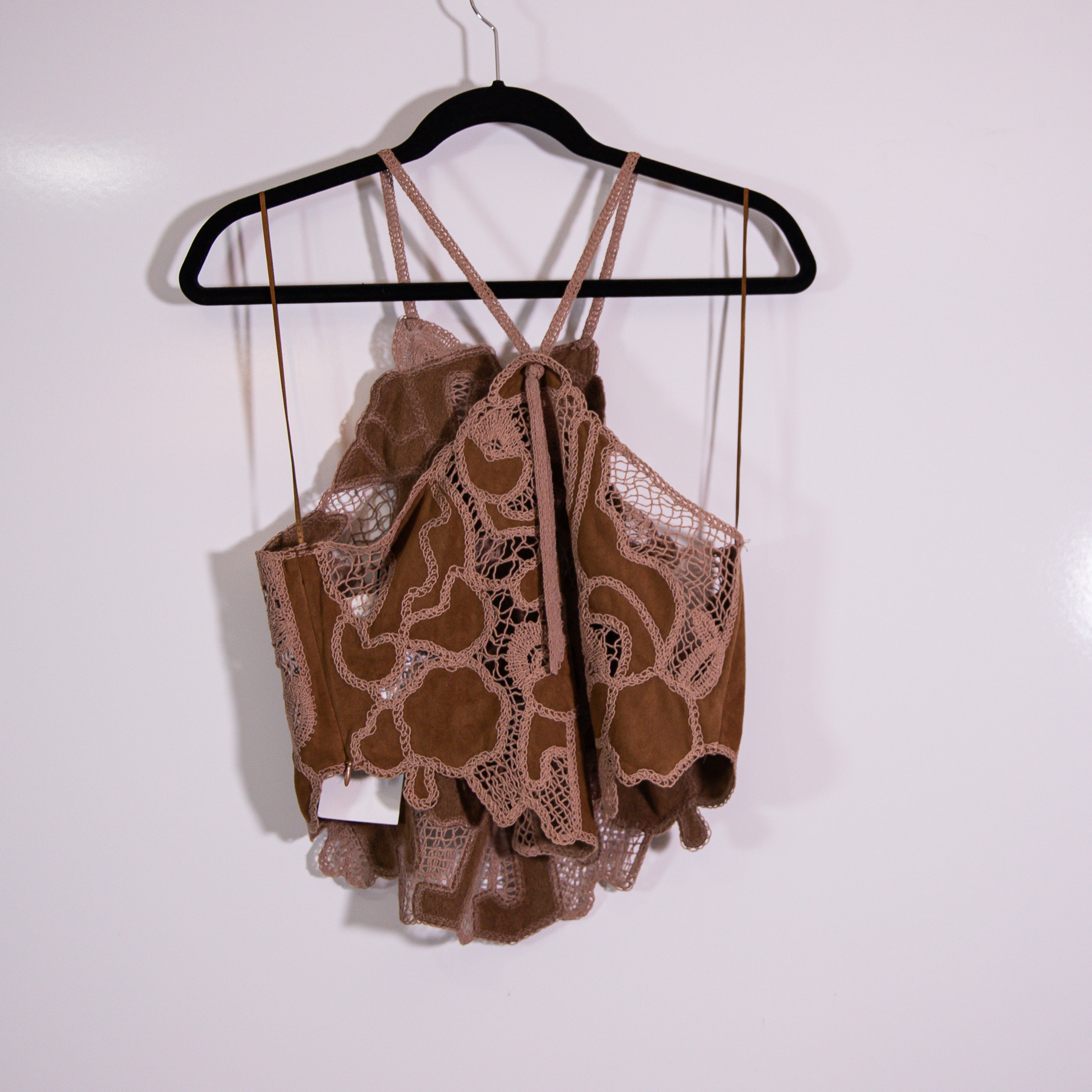 NEW Zara Faux Vegan Suede Leather Embroidered Sheer Lace Crossback Tank Top S