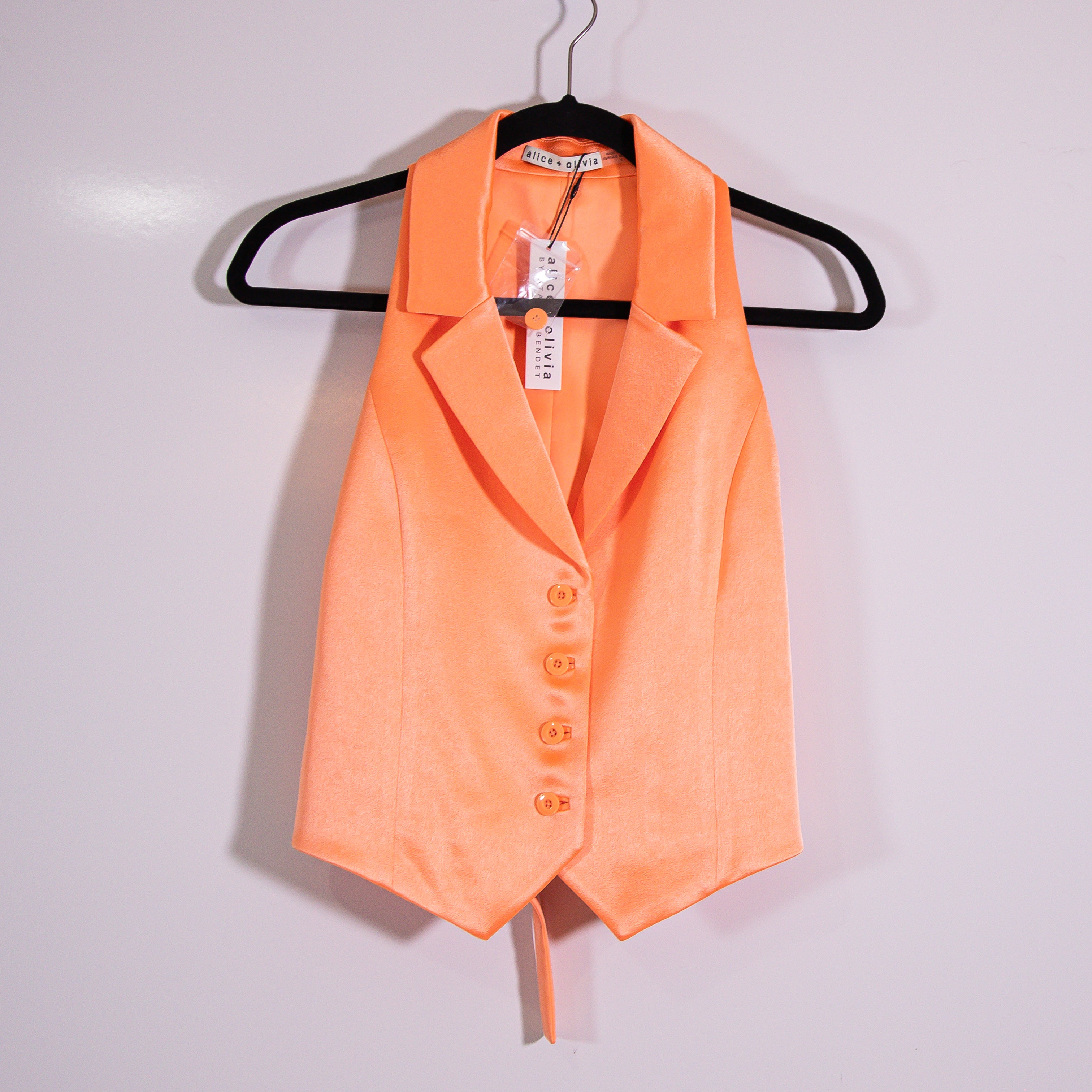 NEW Alice And Olivia Amber Satin Collared Sleeves Button Front Vest Orange Coral