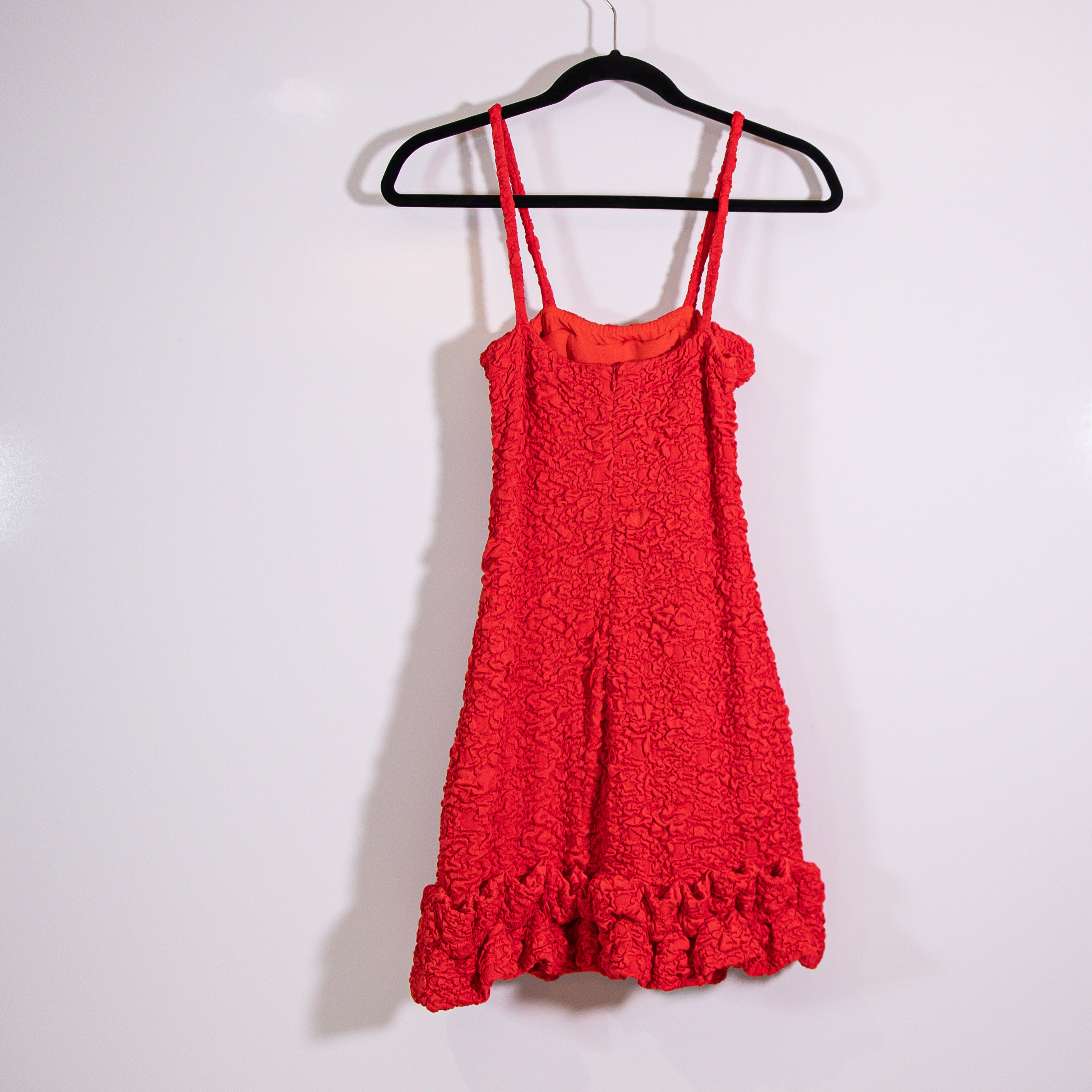 PatBo Papillon Jacquard Textured Ruffle Stretch Flutter Mini Dress Red Small