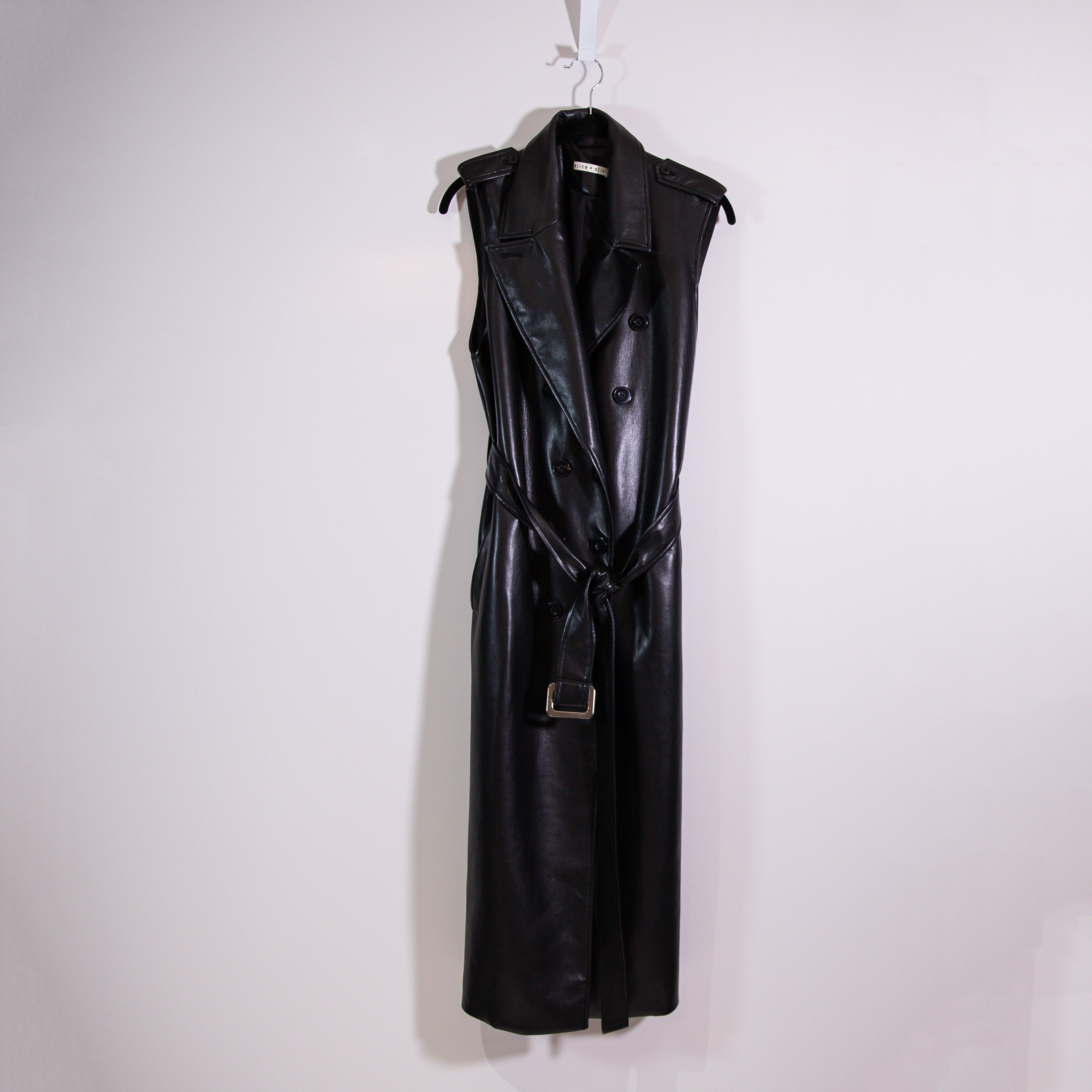 Alice And Olivia Conan Faux Vegan Leather Double Breasted Belted Long Vest Dress