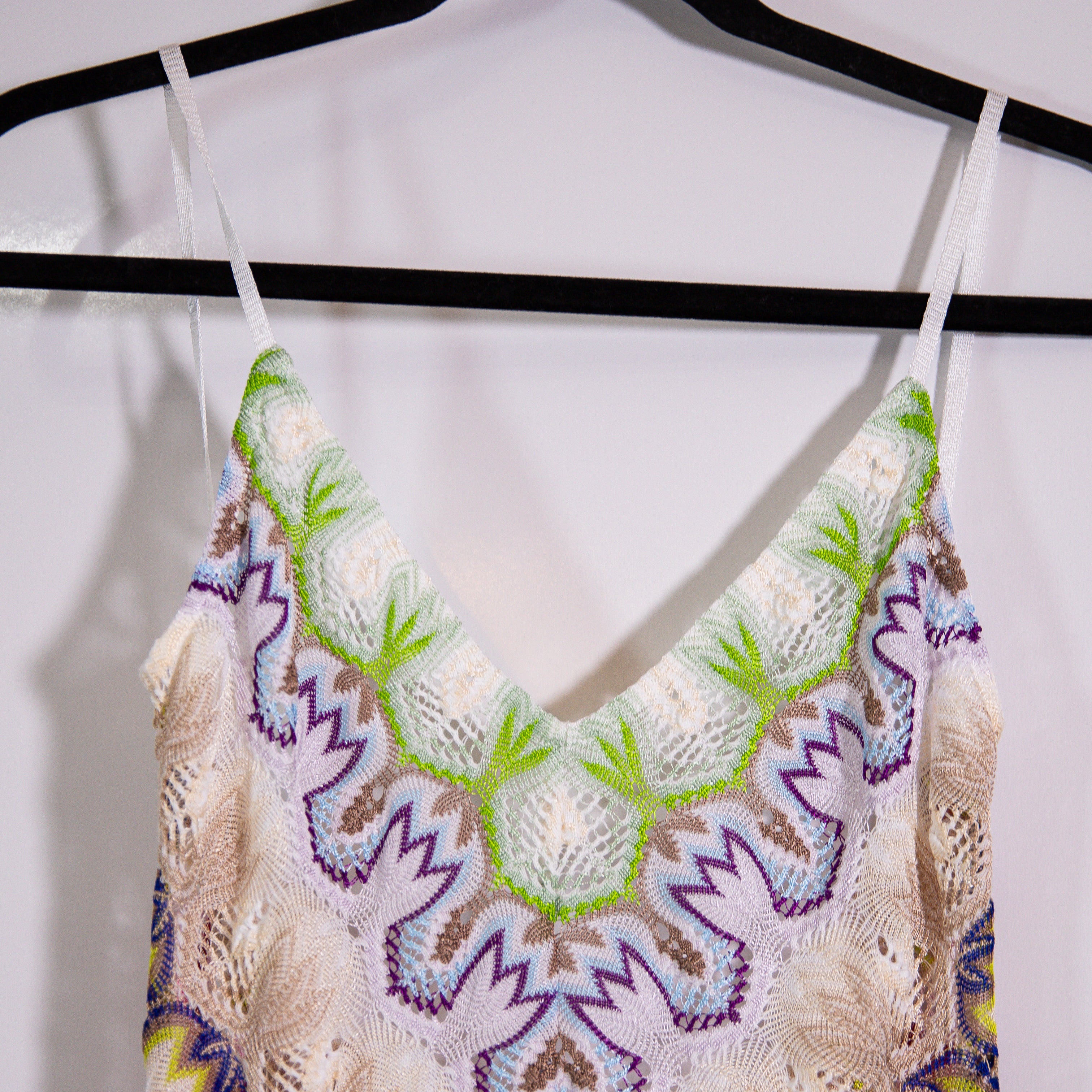 Missoni Lurex Crop Top Crochet Knit Multi Print Pattern Backless Tank Pink Green
