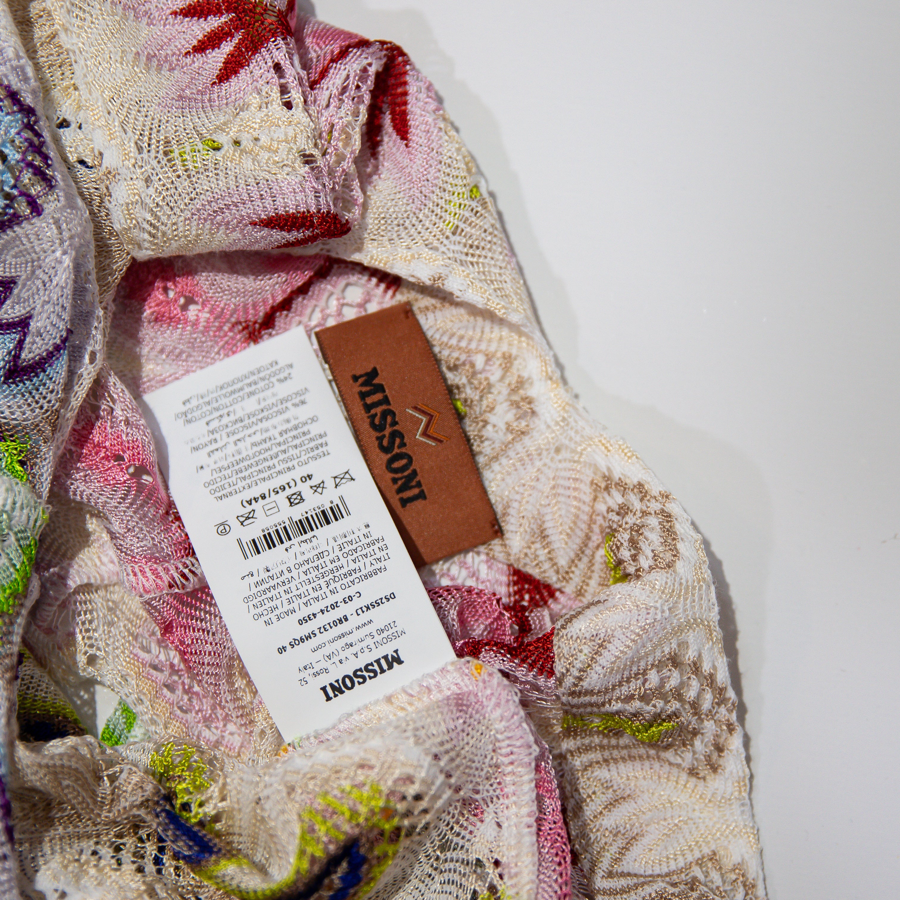 Missoni Lurex Crop Top Crochet Knit Multi Print Pattern Backless Tank Pink Green