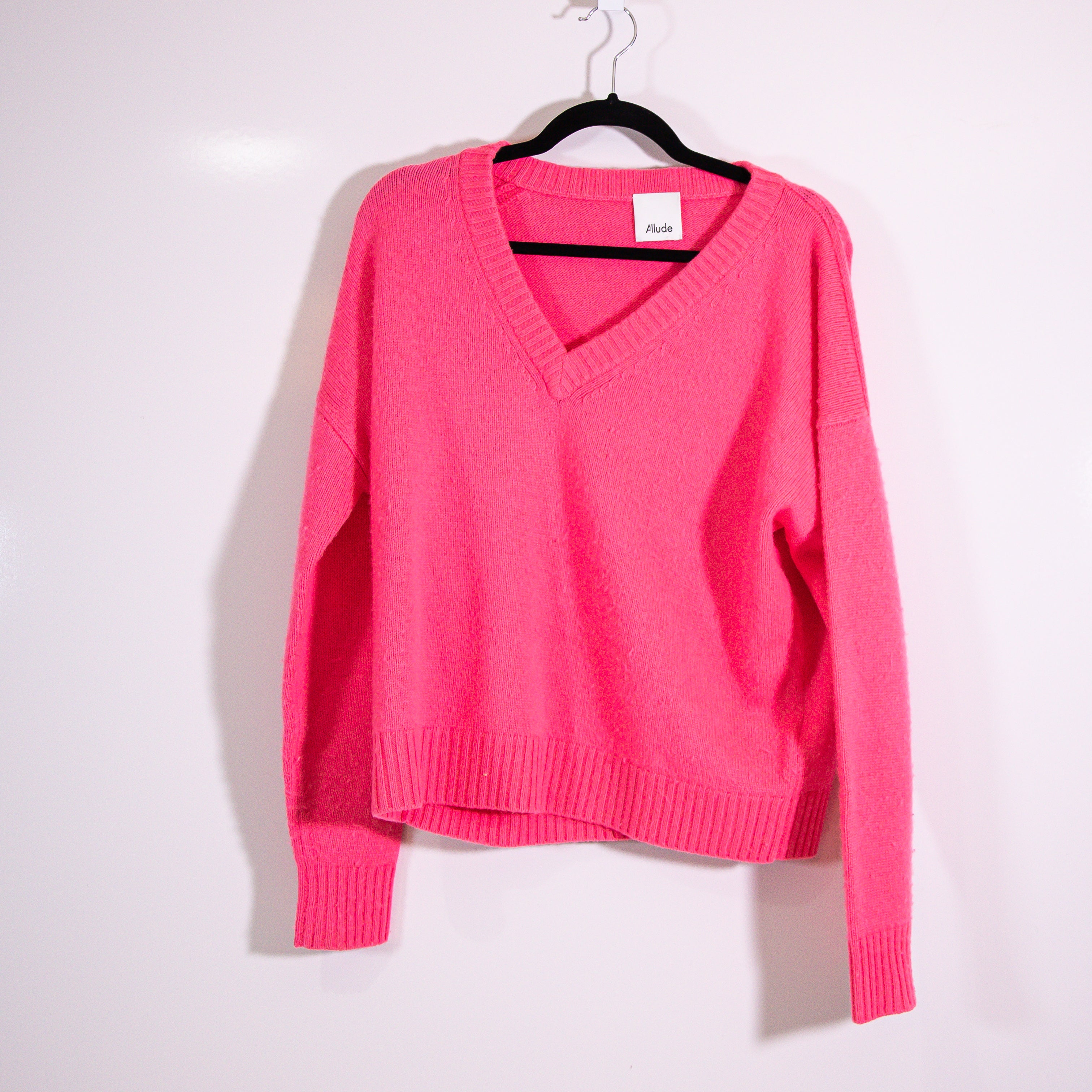 Allude Women's Cashmere Wool Knit Stretch V Neck Pullover Sweater Hot Pink XS