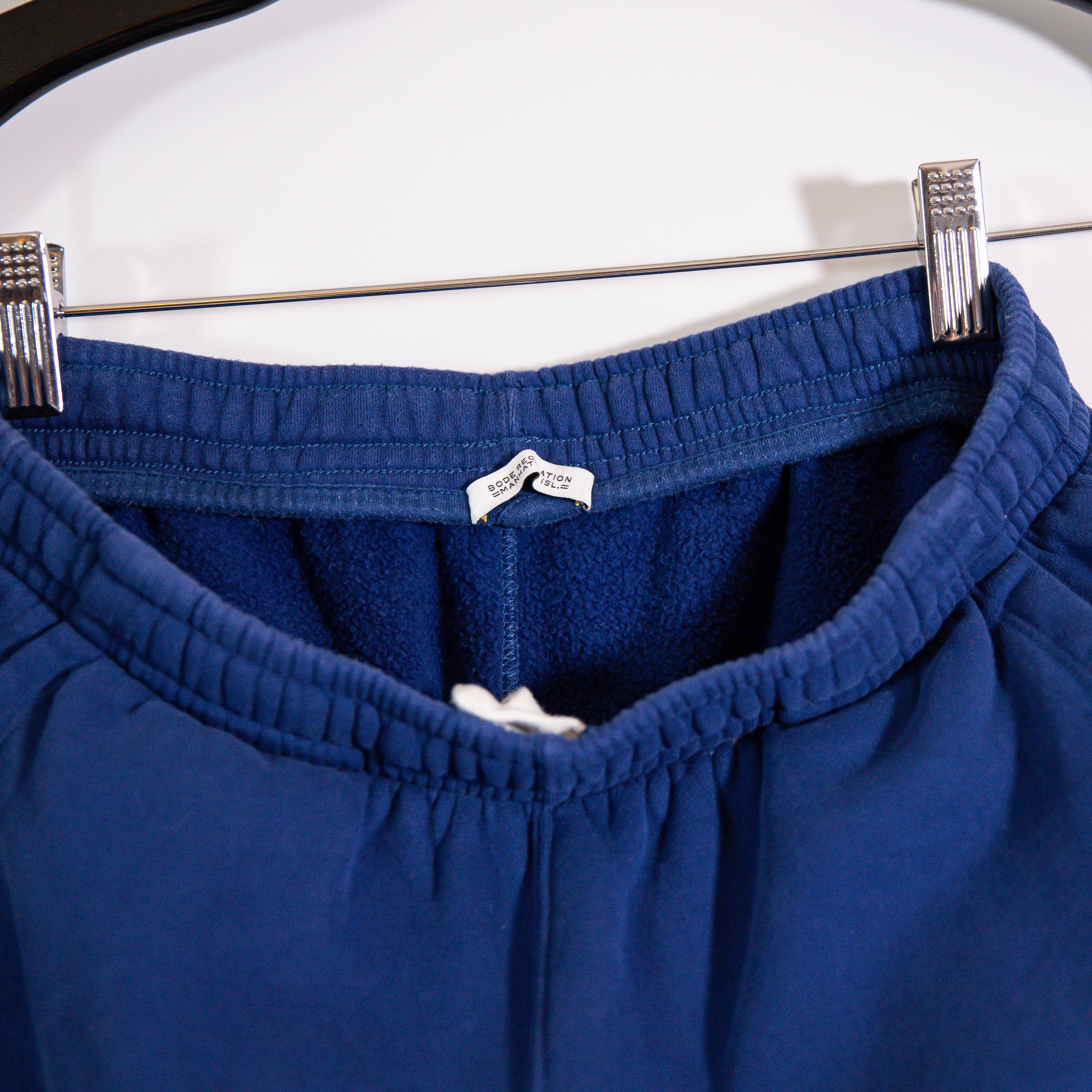 Bode Women's Cotton Fleece Lined Mid Rise Ankle Crop Joggers Pants Navy Blue S