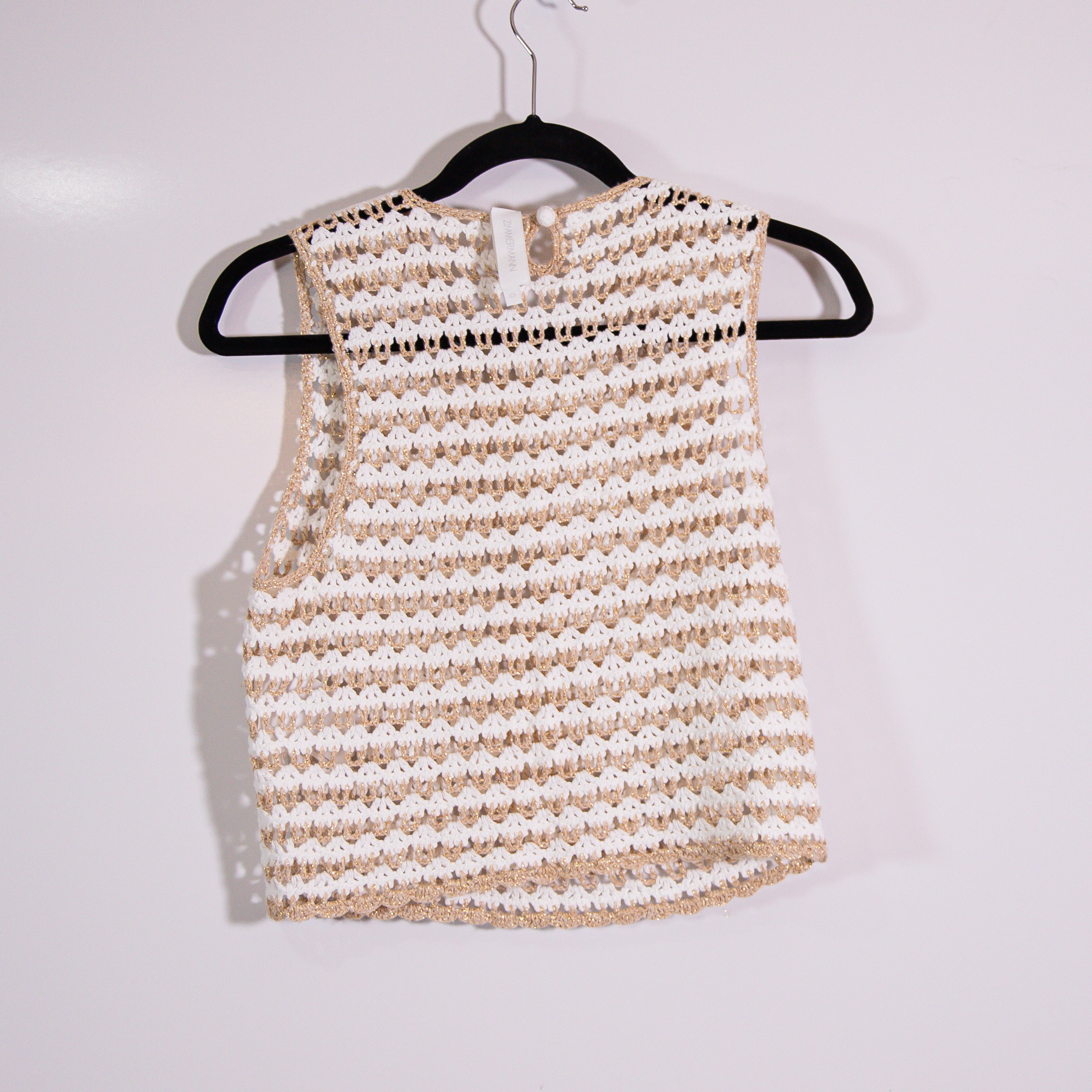 Zimmermann Tallow Cotton Crochet Knit Stretch Cropped Gold Stripe Tank Top 0