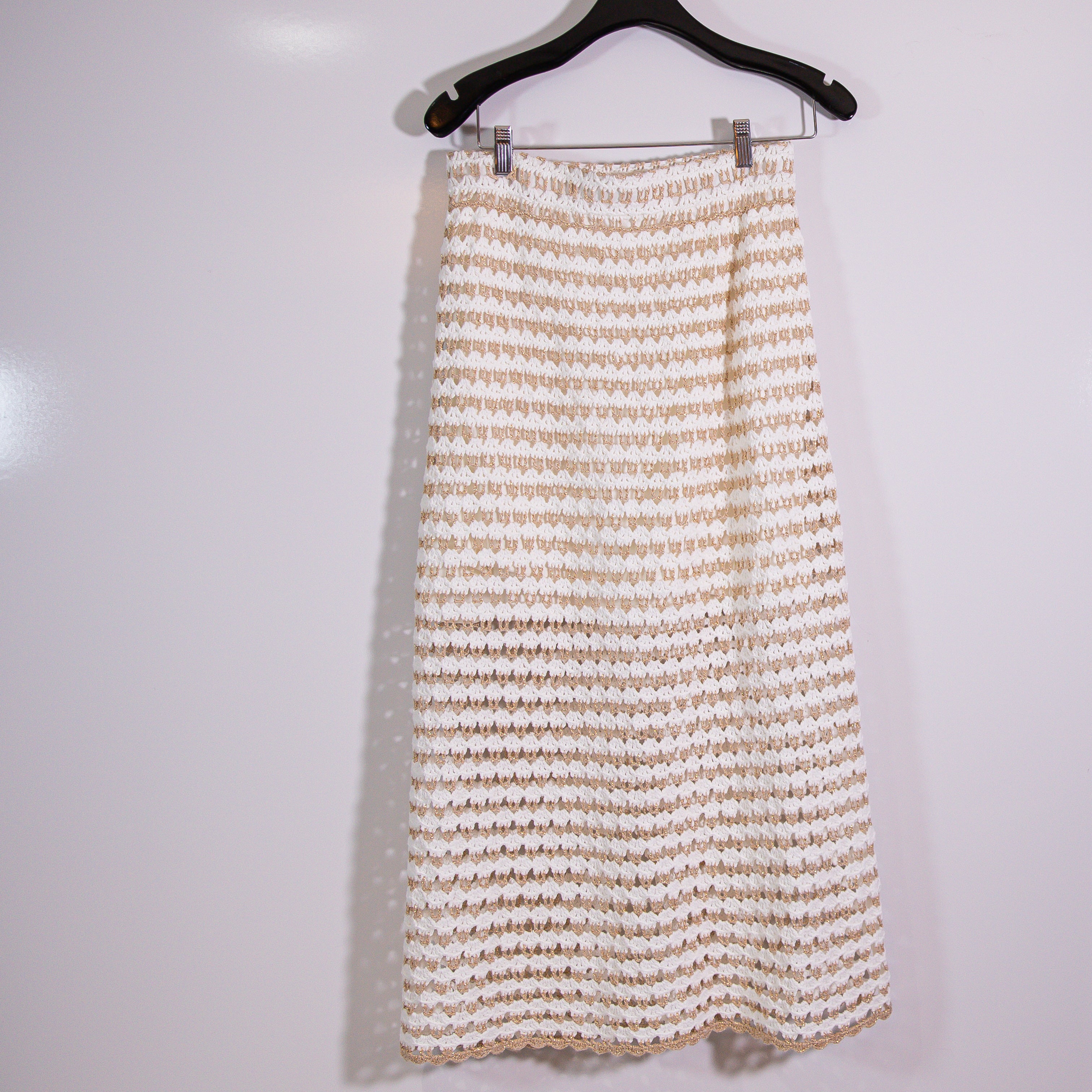NEW Zimmermann Tallow Cotton Gold Metallic Stripe Crochet Knit Midi Skirt 2